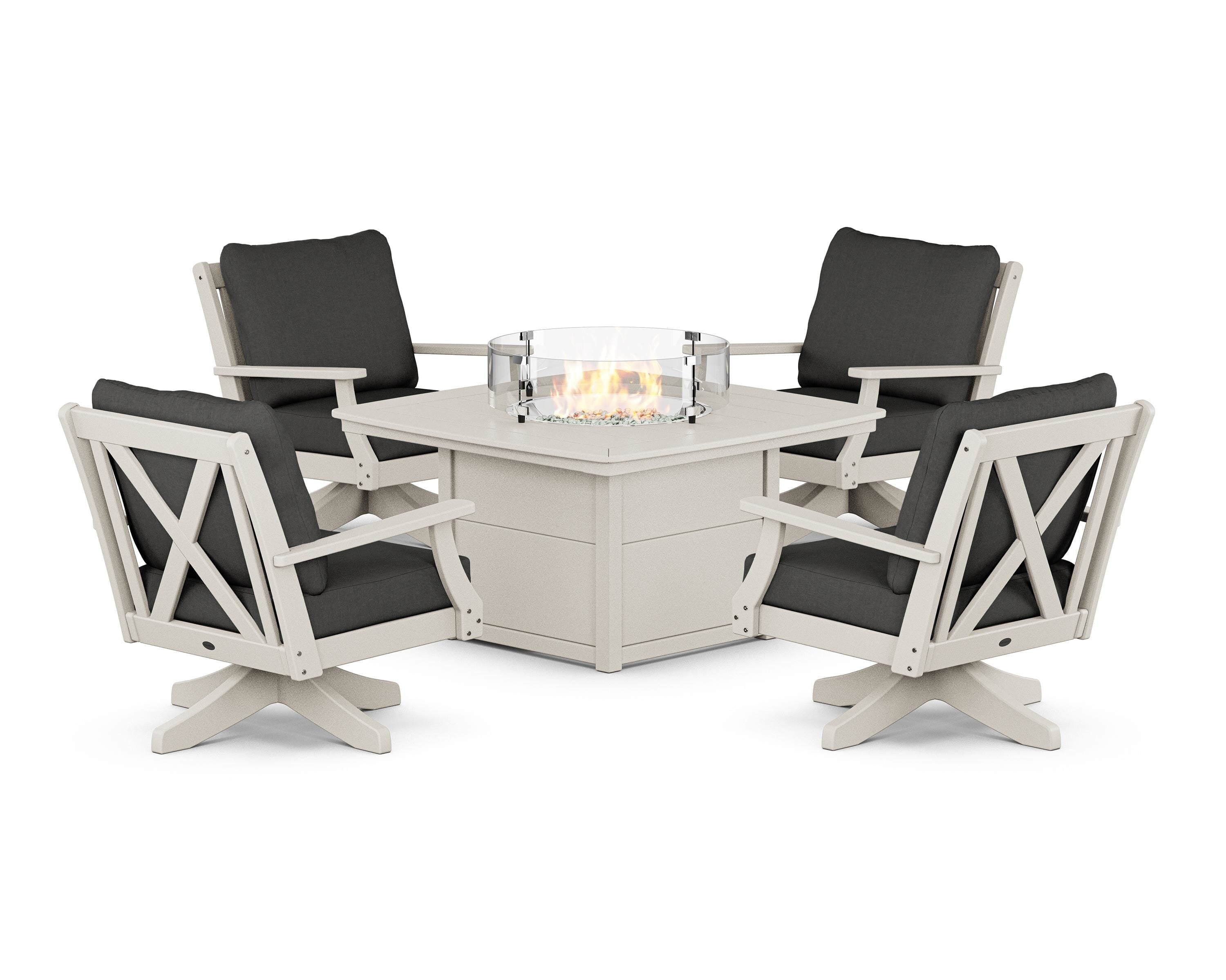 POLYWOOD® Braxton 5-Piece Deep Seating Swivel Conversation Set with Fire Pit Table in Sand / Spectrum Carbon