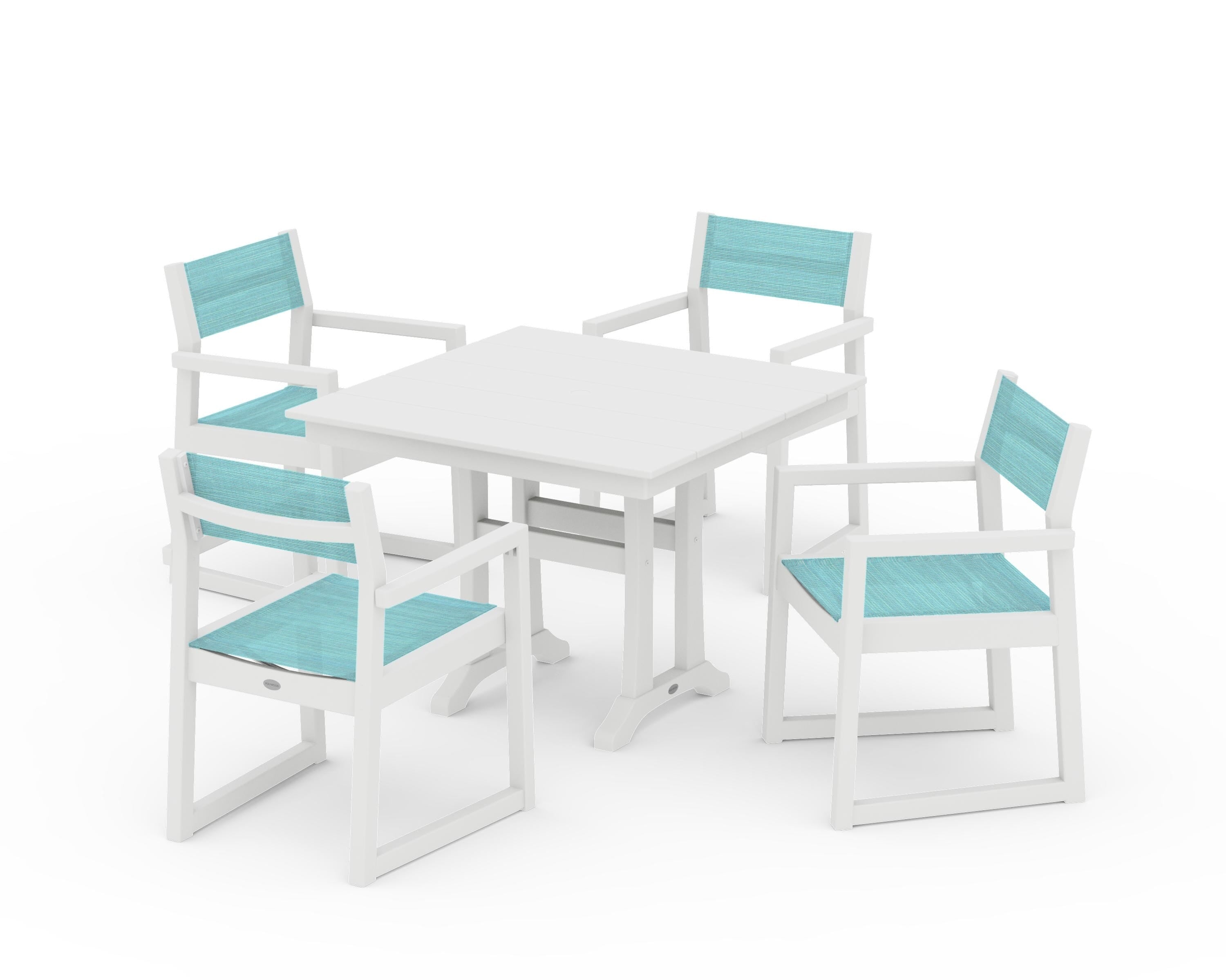 POLYWOOD® EDGE Sling 5-Piece Farmhouse Dining Set with Trestle Legs in White / Dupioni Aquamarine Sling