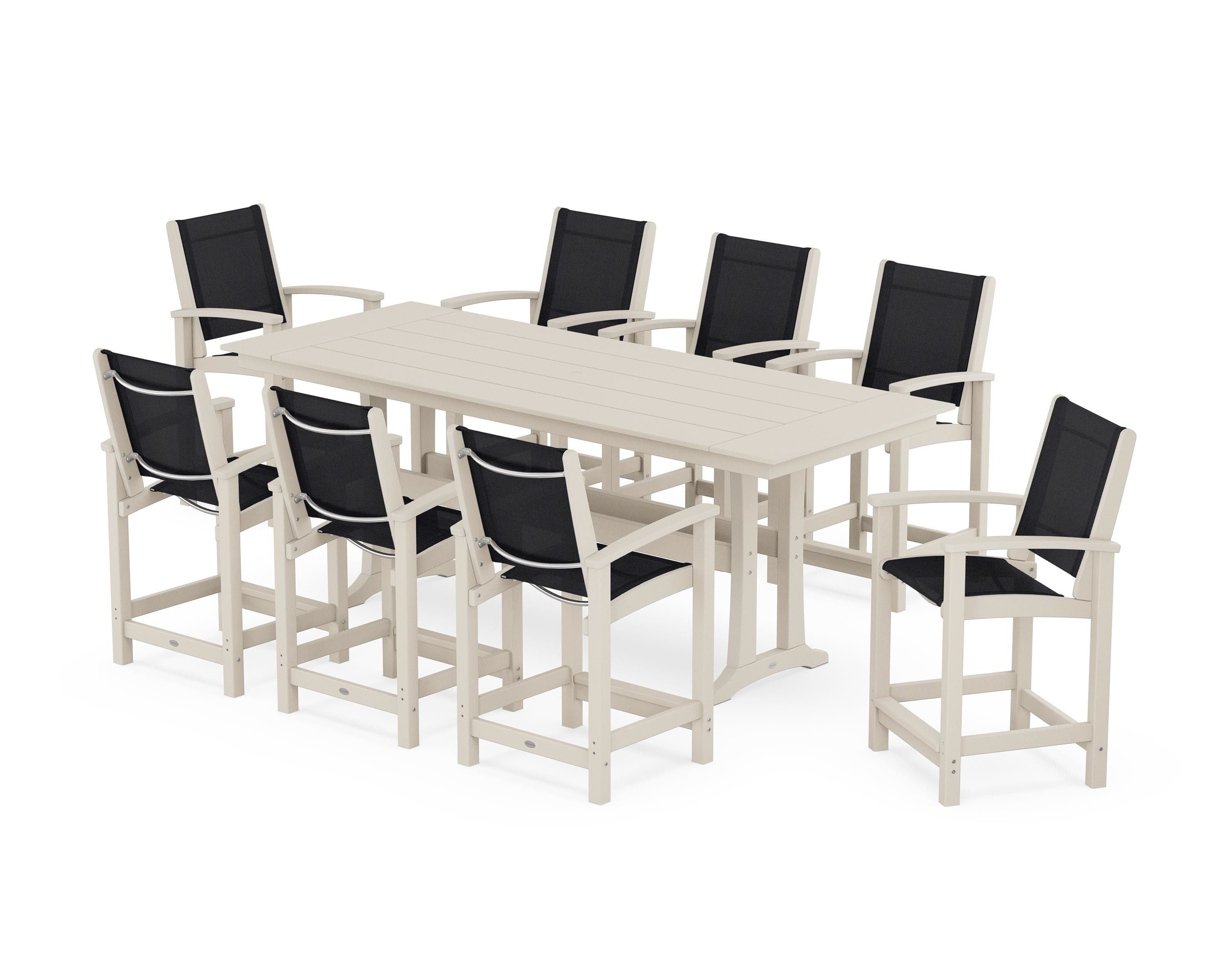 POLYWOOD® Coastal 9-Piece Farmhouse Counter Set with Trestle Legs in Sand / Black Sling
