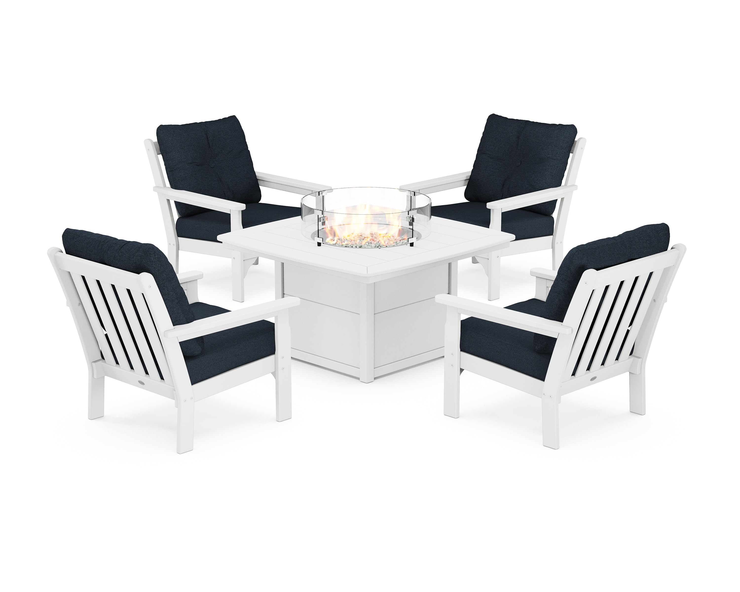 POLYWOOD® Vineyard 5-Piece Conversation Set with Fire Pit Table in White / Marine Indigo