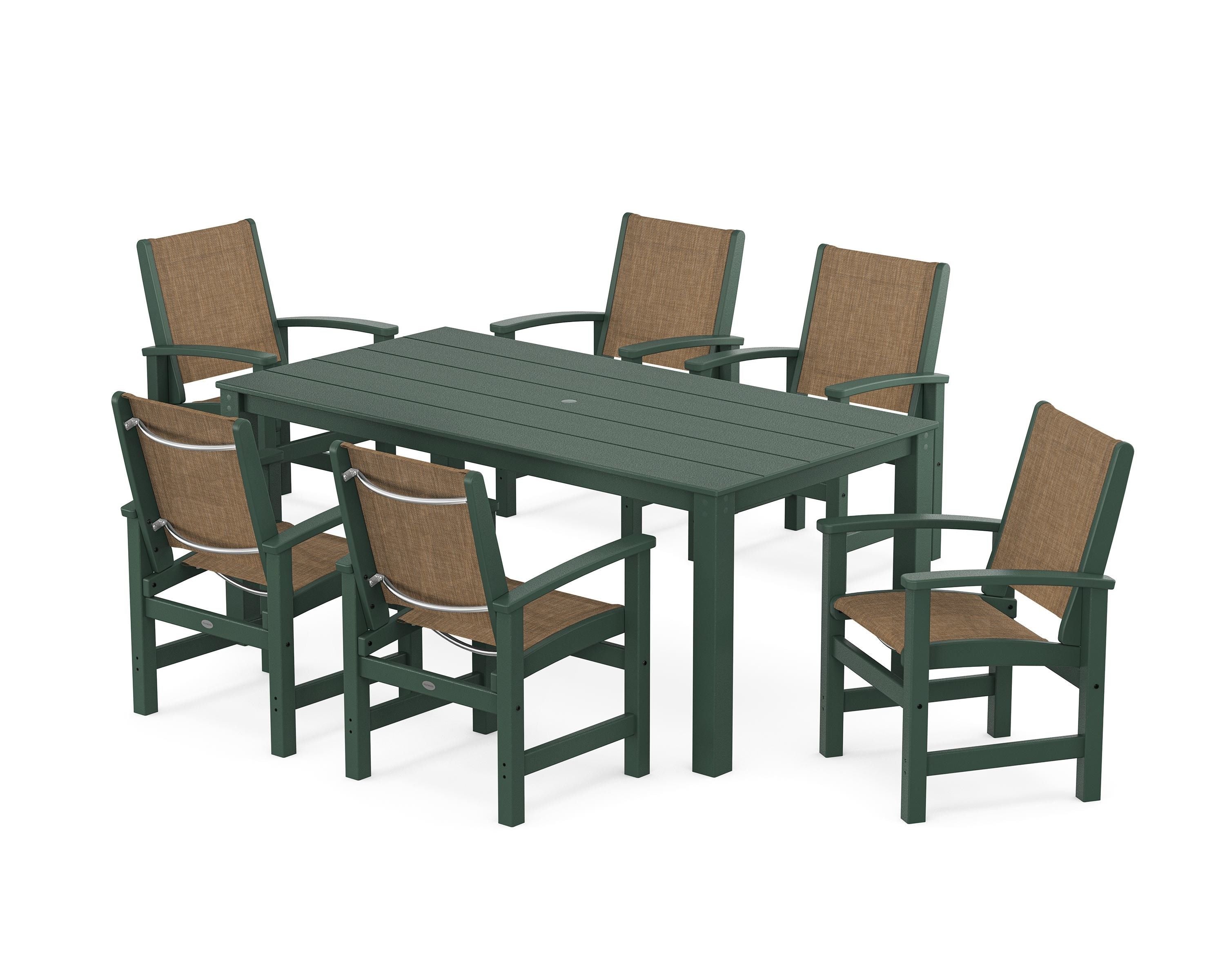 POLYWOOD® Coastal 7-Piece Parsons Dining Set in Green / Burlap Sling