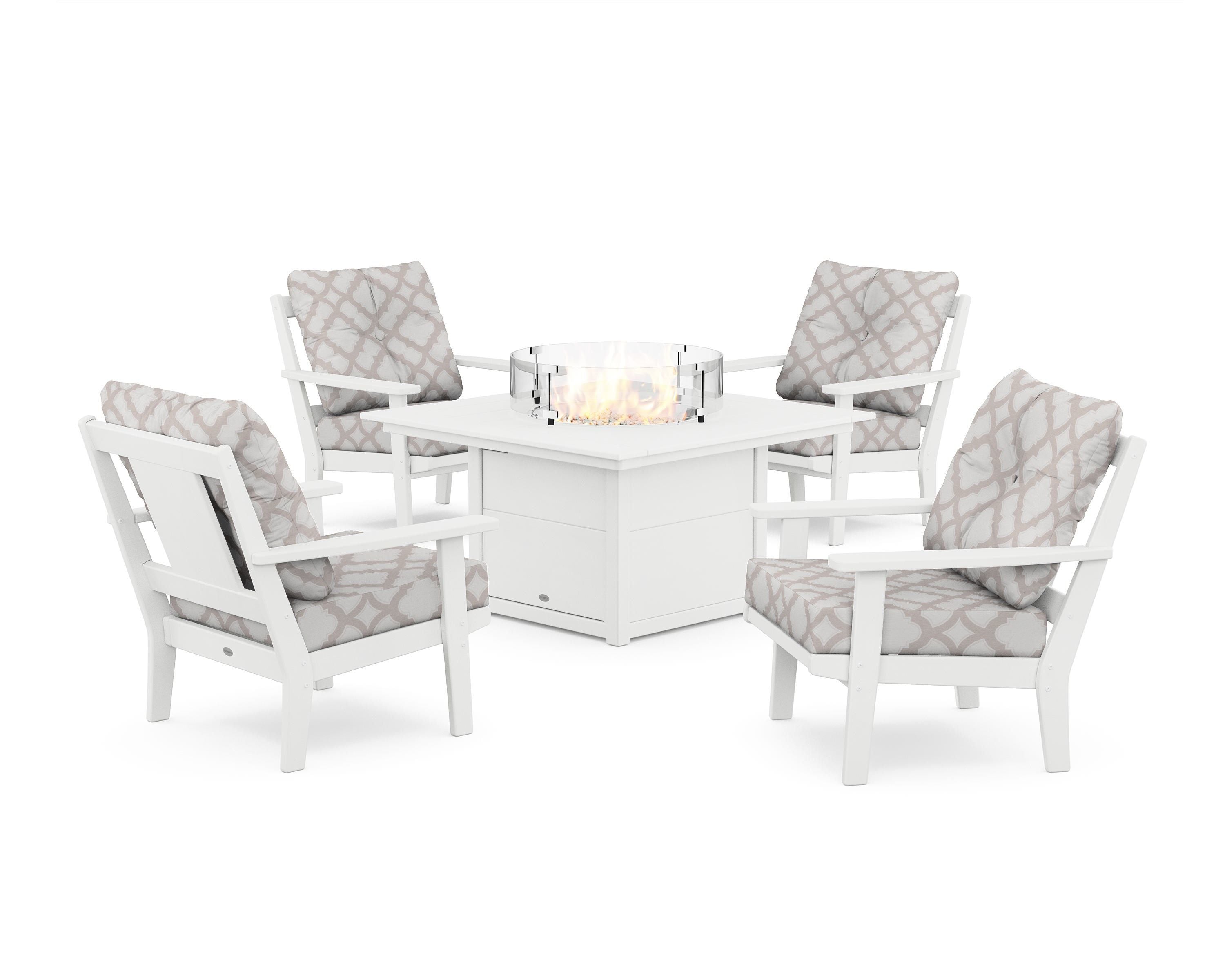 POLYWOOD® Prairie 5-Piece Deep Seating Set with Fire Pit Table in White / Trellis Dune Burlap