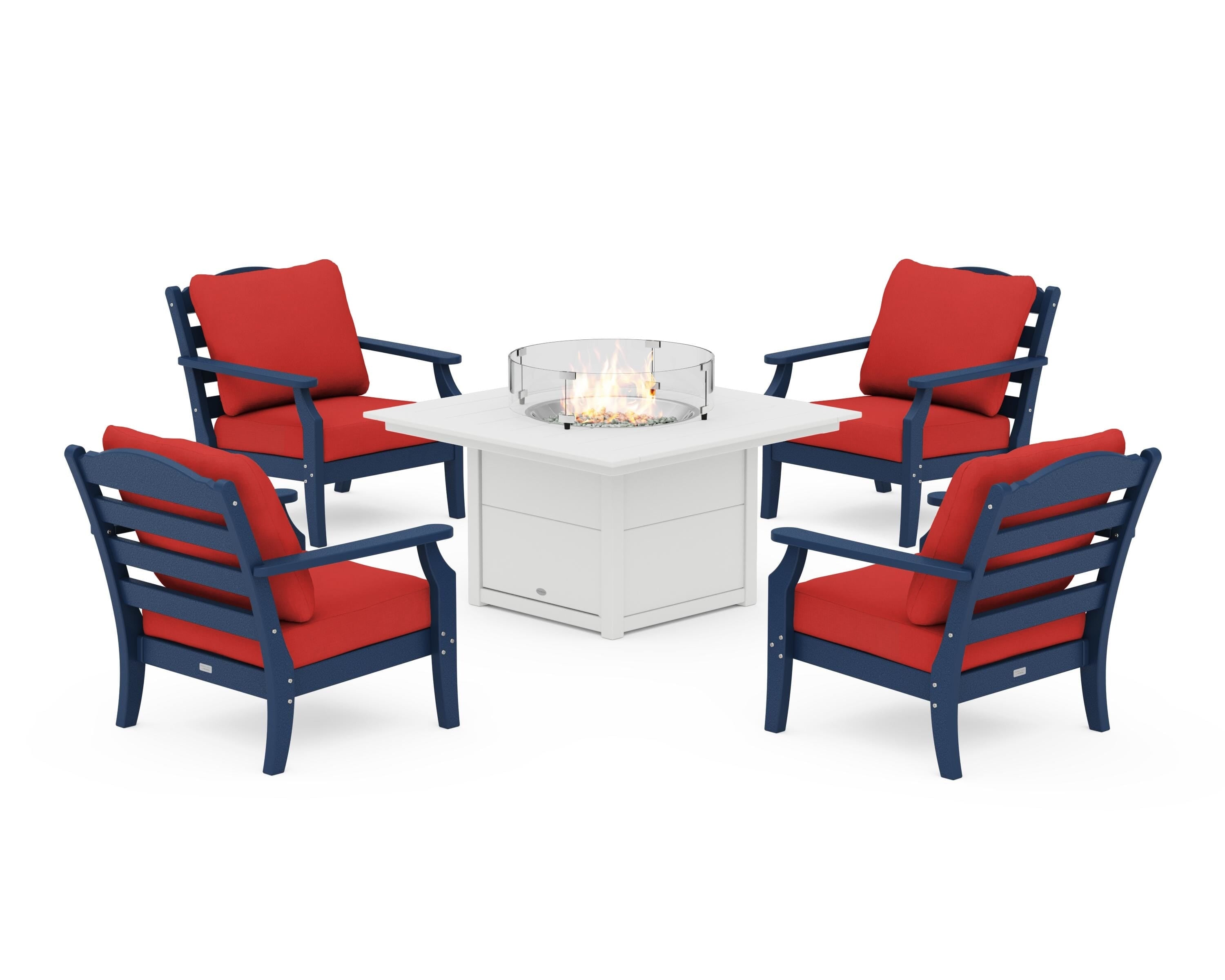 Draper James™ by POLYWOOD® Savannah 5-Piece Deep Seating Set with Fire Pit Table in Navy / Crimson Linen