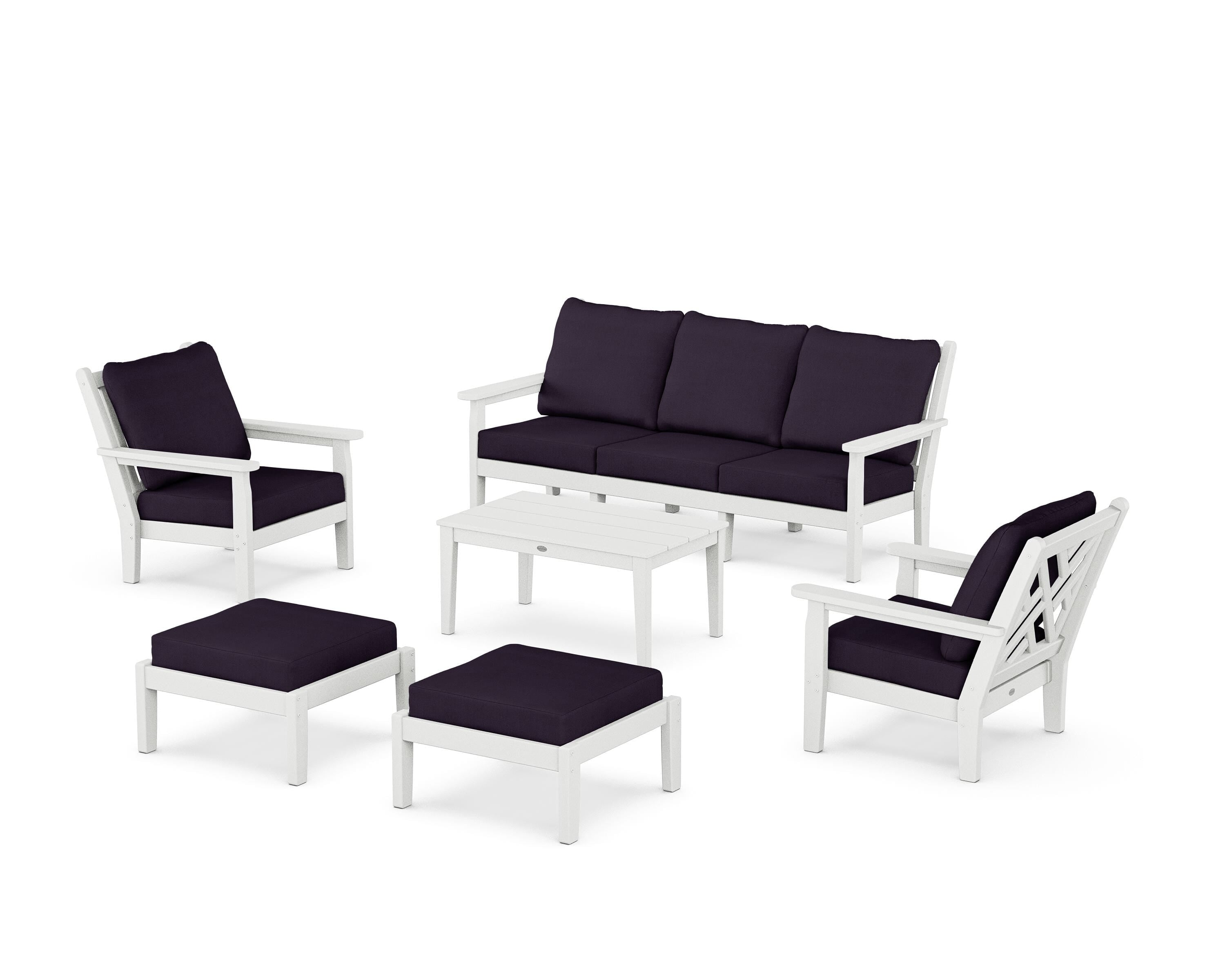 POLYWOOD® Chippendale 6-Piece Lounge Sofa Set in White / Navy Linen