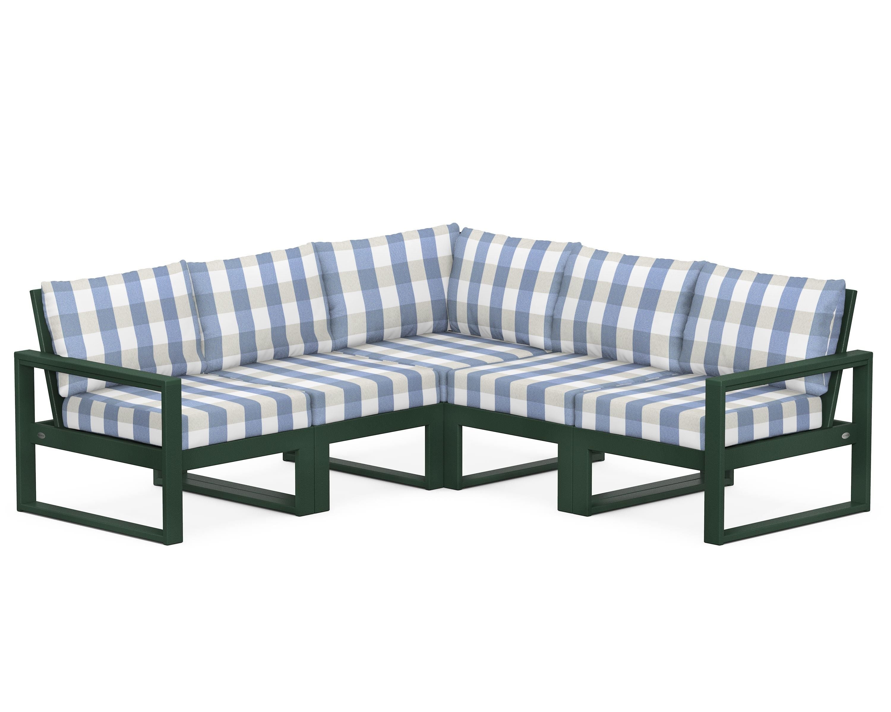 POLYWOOD® EDGE 5-Piece Modular Deep Seating Set in Green / Buffalo Plaid Sky Blue