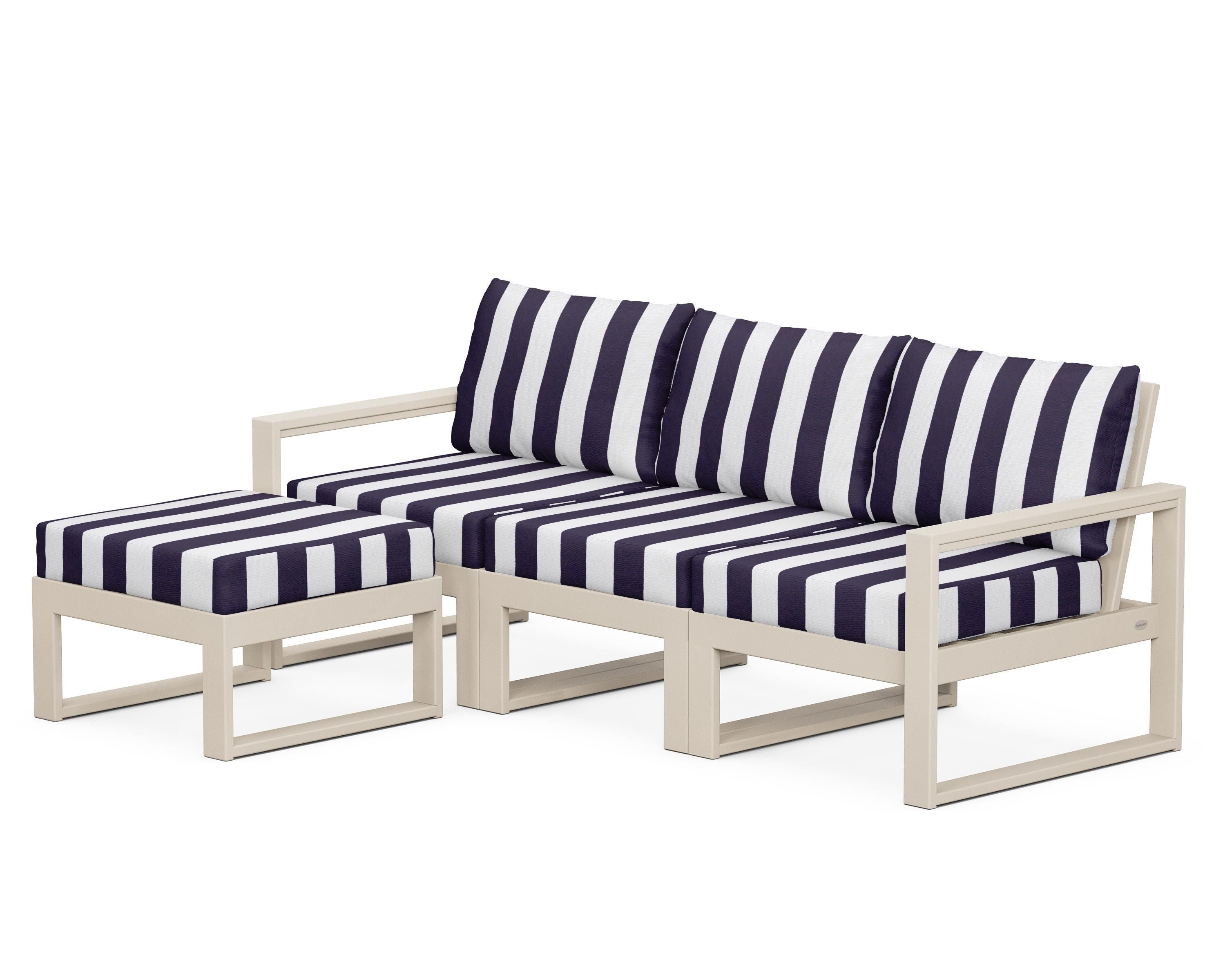 POLYWOOD® EDGE 4-Piece Modular Deep Seating Set with Ottoman in Sand / Cabana Stripe Navy
