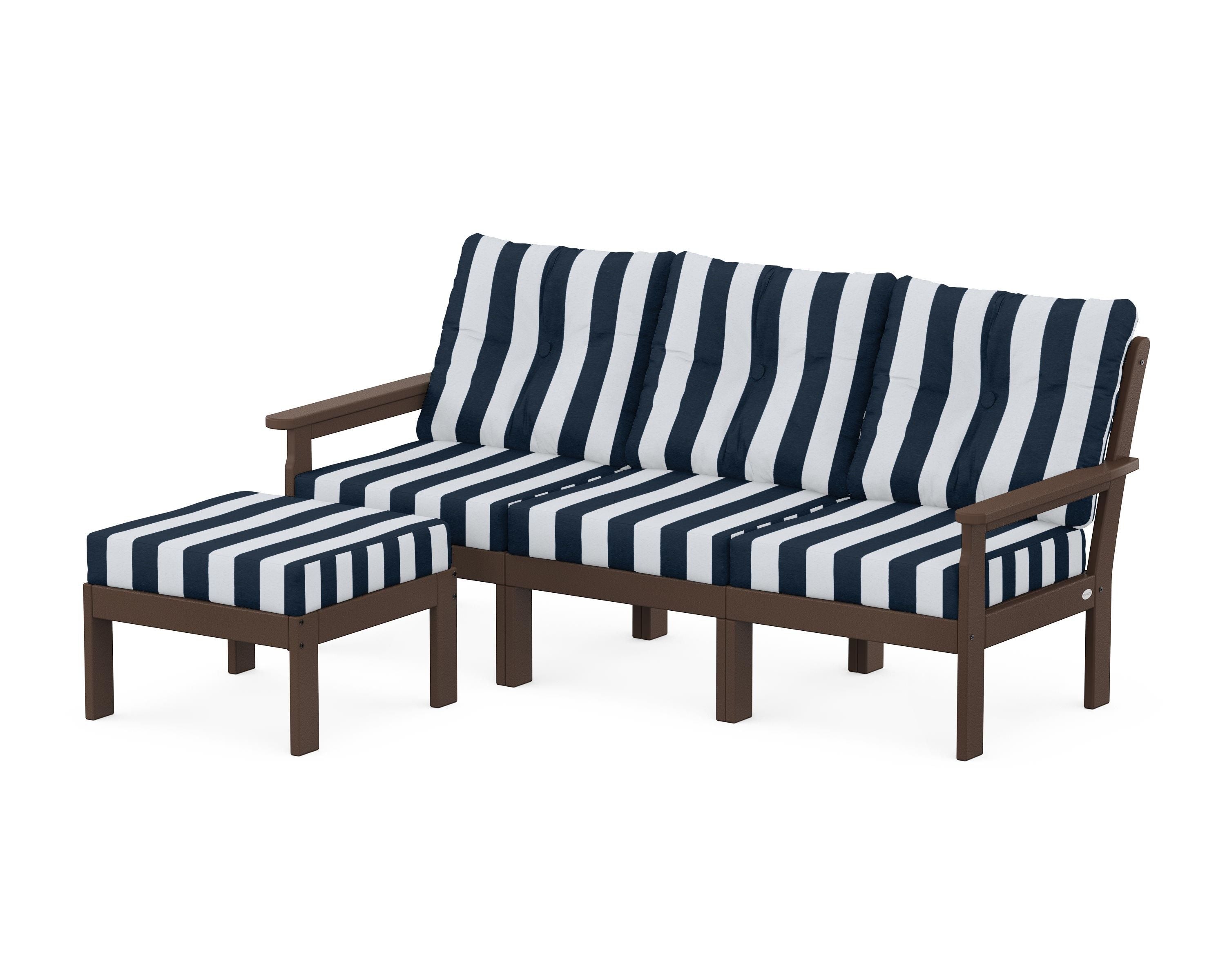 POLYWOOD® Vineyard 4-Piece Sectional with Ottoman in Mahogany / Cabana Stripe Marine Indigo