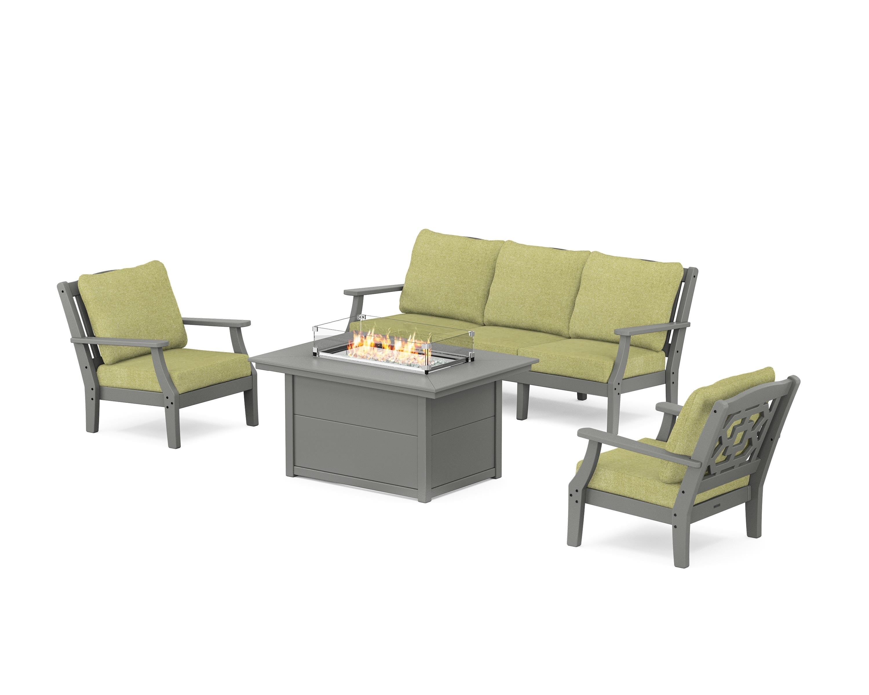 Martha Stewart by POLYWOOD® Chinoiserie Deep Seating Fire Pit Table Set in Slate Grey / Chartreuse Boucle