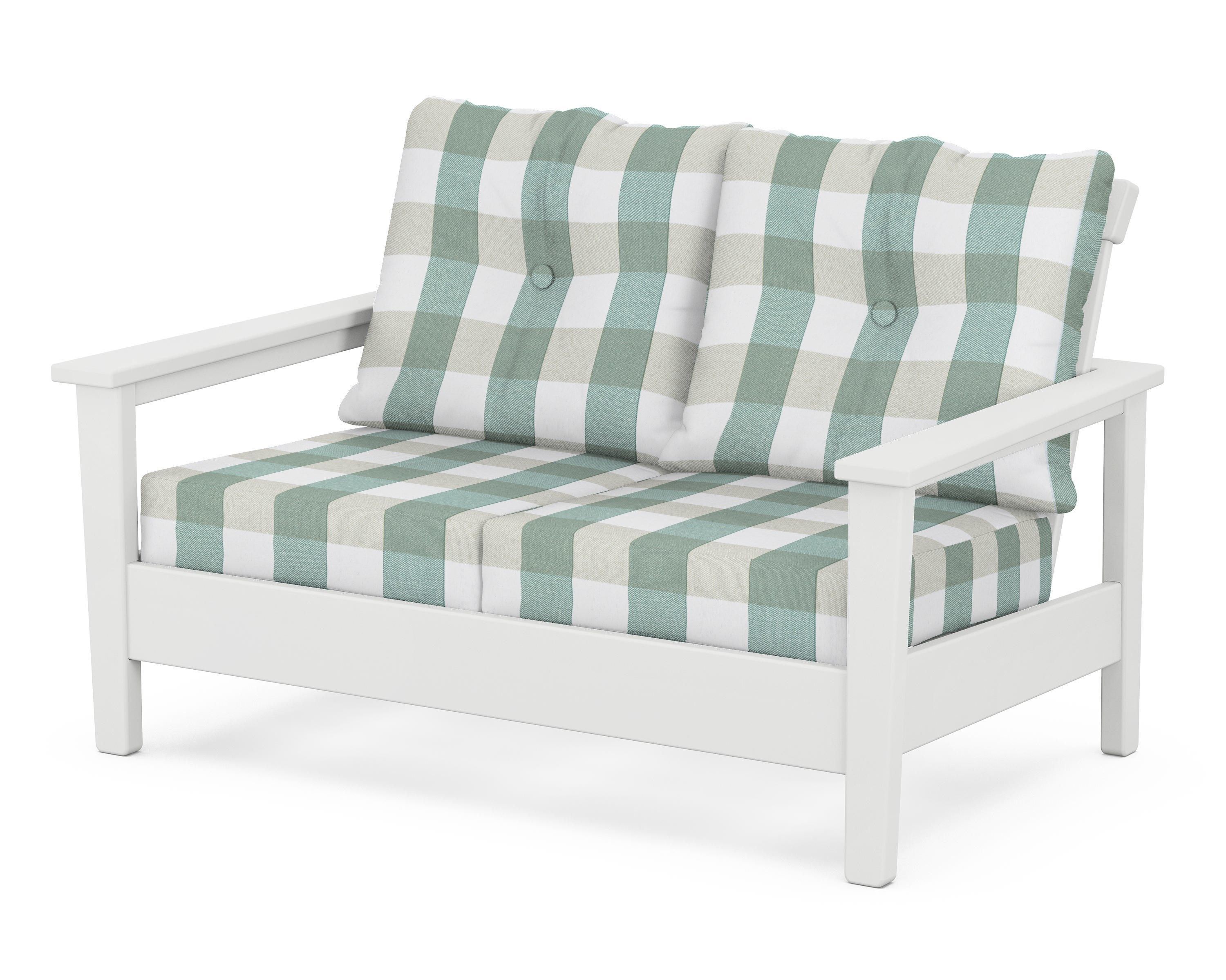 POLYWOOD® Prescott Deep Seating Loveseat in White / Buffalo Plaid Glacier Spa