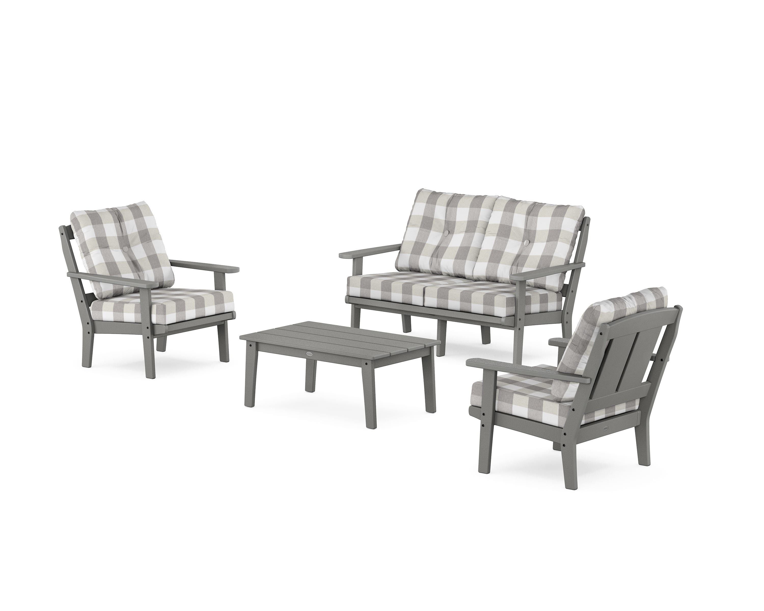 POLYWOOD® Mission 4-Piece Deep Seating Set with Loveseat in Slate Grey / Buffalo Plaid Grey Mist
