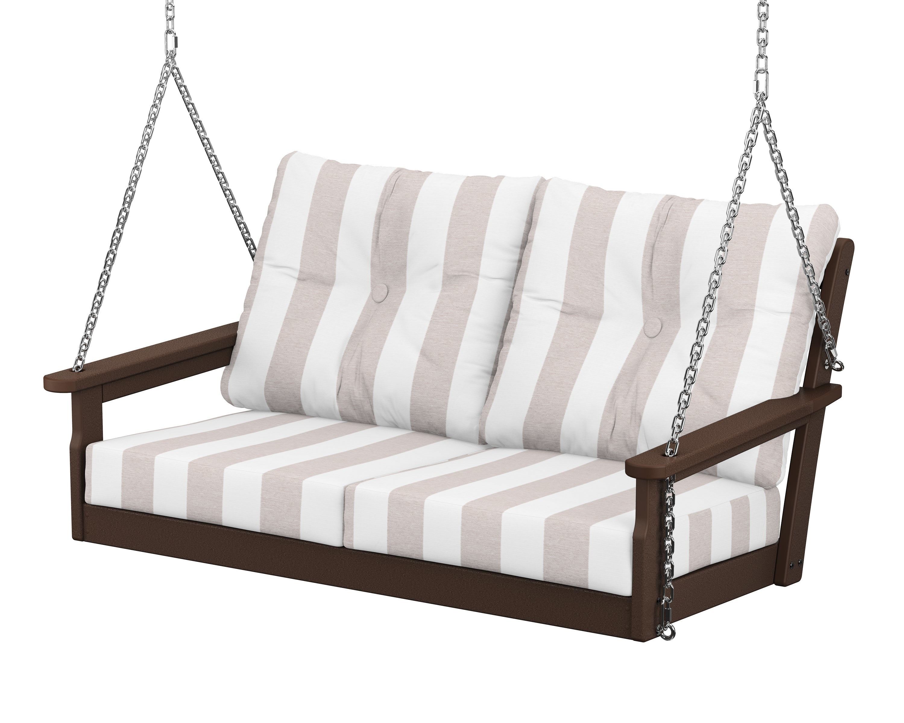 POLYWOOD® Vineyard Deep Seating Swing in Mahogany / Cabana Stripe Dune Burlap