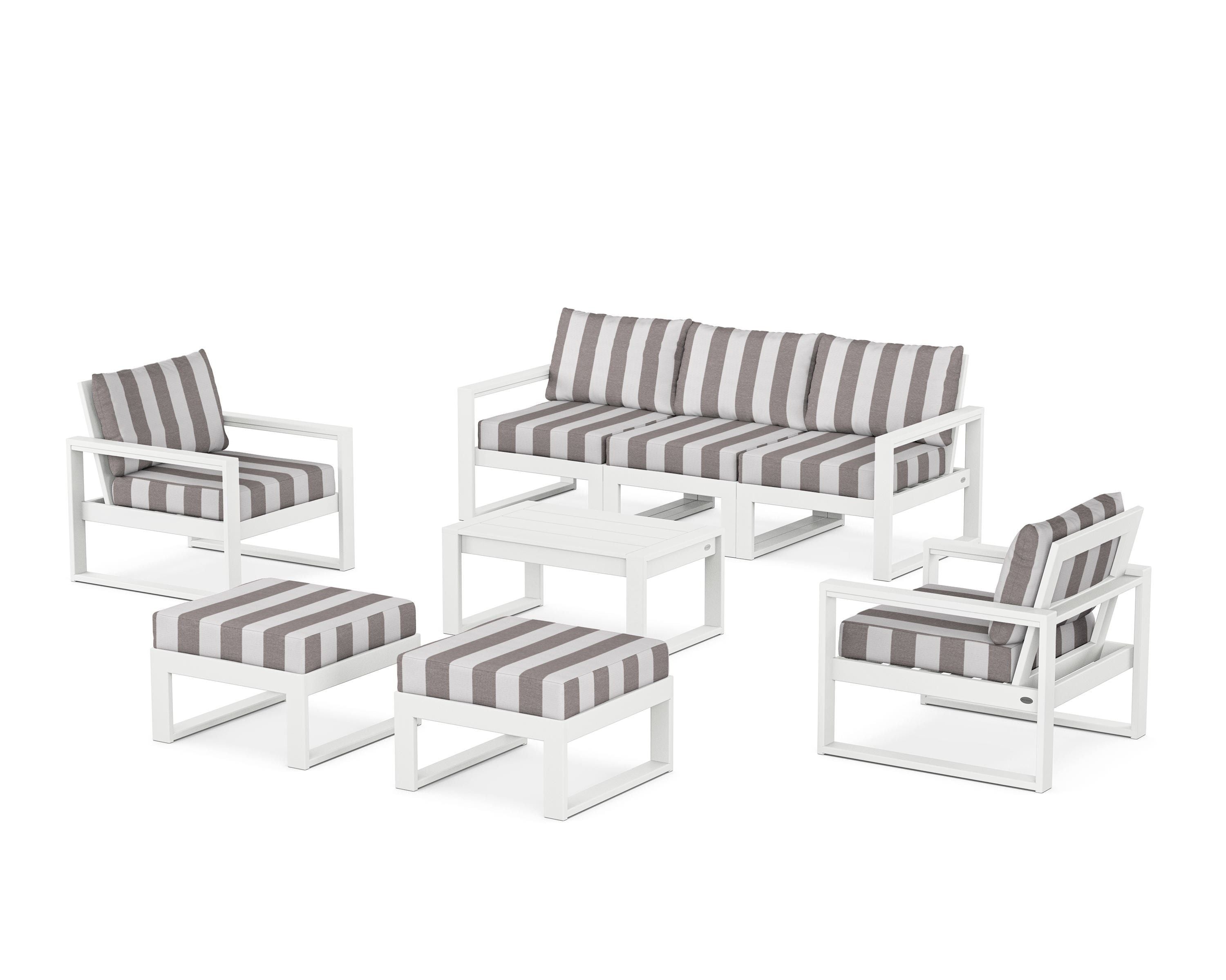POLYWOOD® EDGE Sectional 8-Piece Lounge Sofa Set in White / Cabana Stripe Grey Mist
