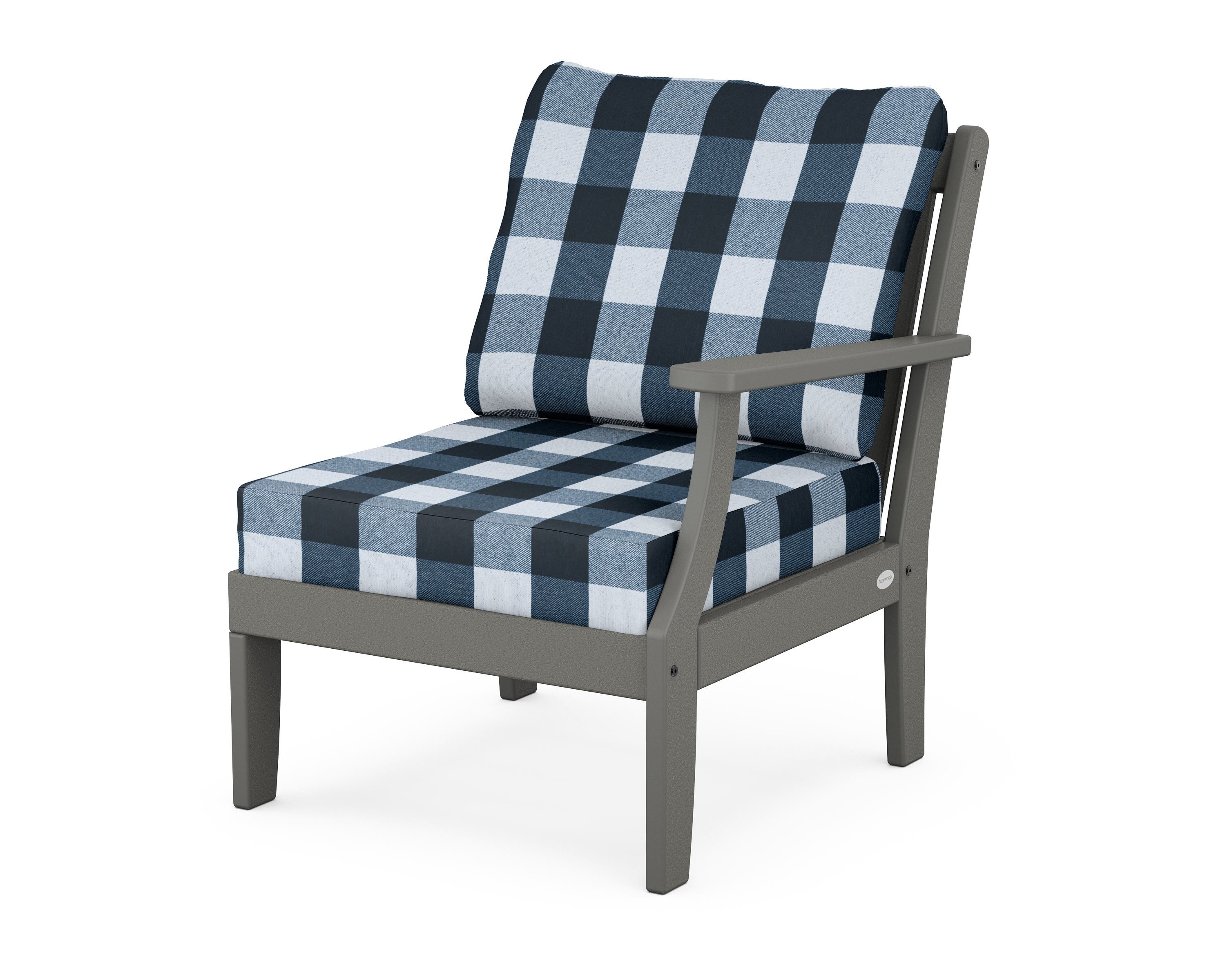POLYWOOD® Braxton Modular Right Arm Chair in Slate Grey / Buffalo Plaid Marine Indigo
