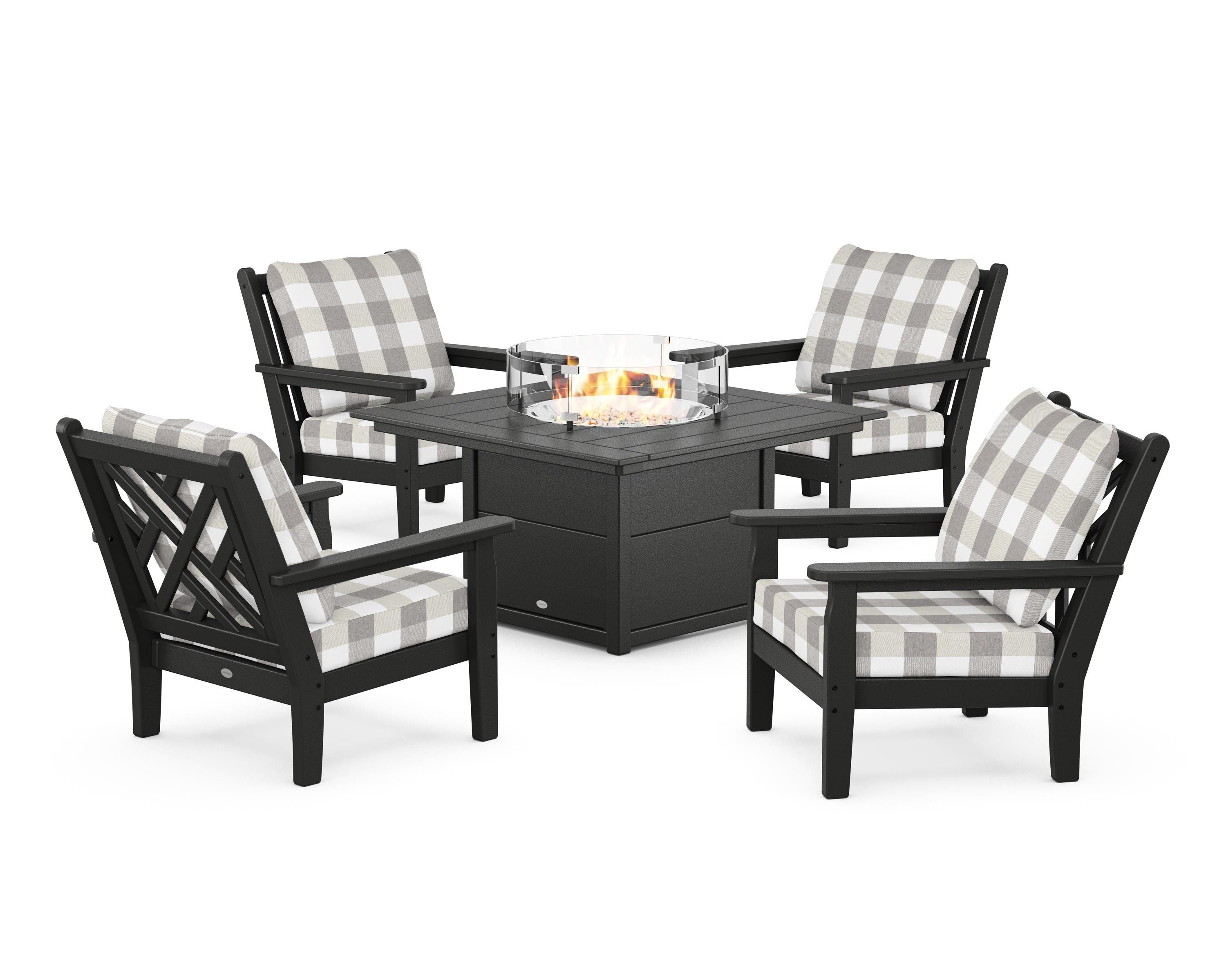 POLYWOOD® Chippendale 5-Piece Deep Seating Set with Fire Pit Table in Black / Buffalo Plaid Grey Mist