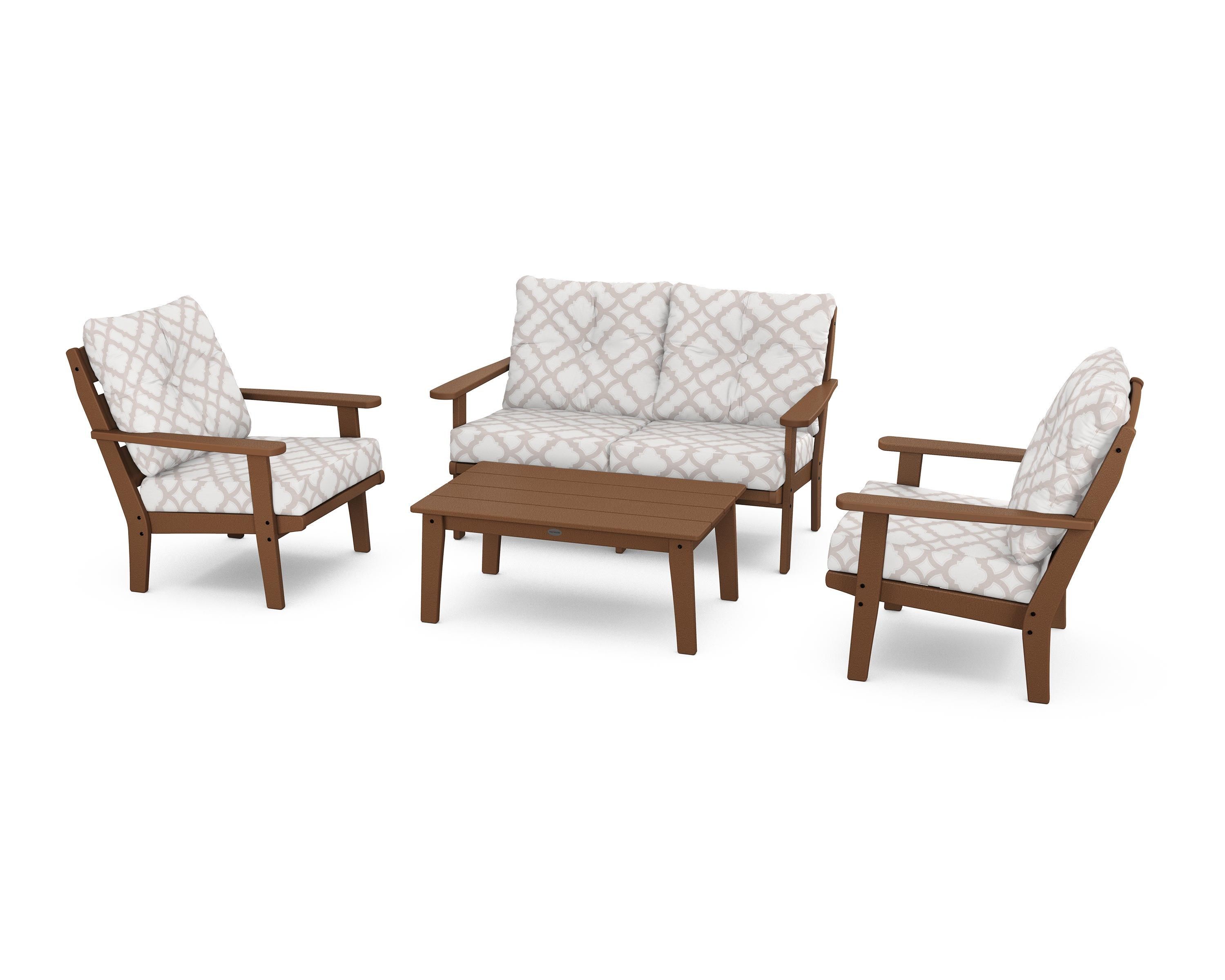 POLYWOOD® Lakeside 4-Piece Deep Seating Set in Teak / Trellis Dune Burlap