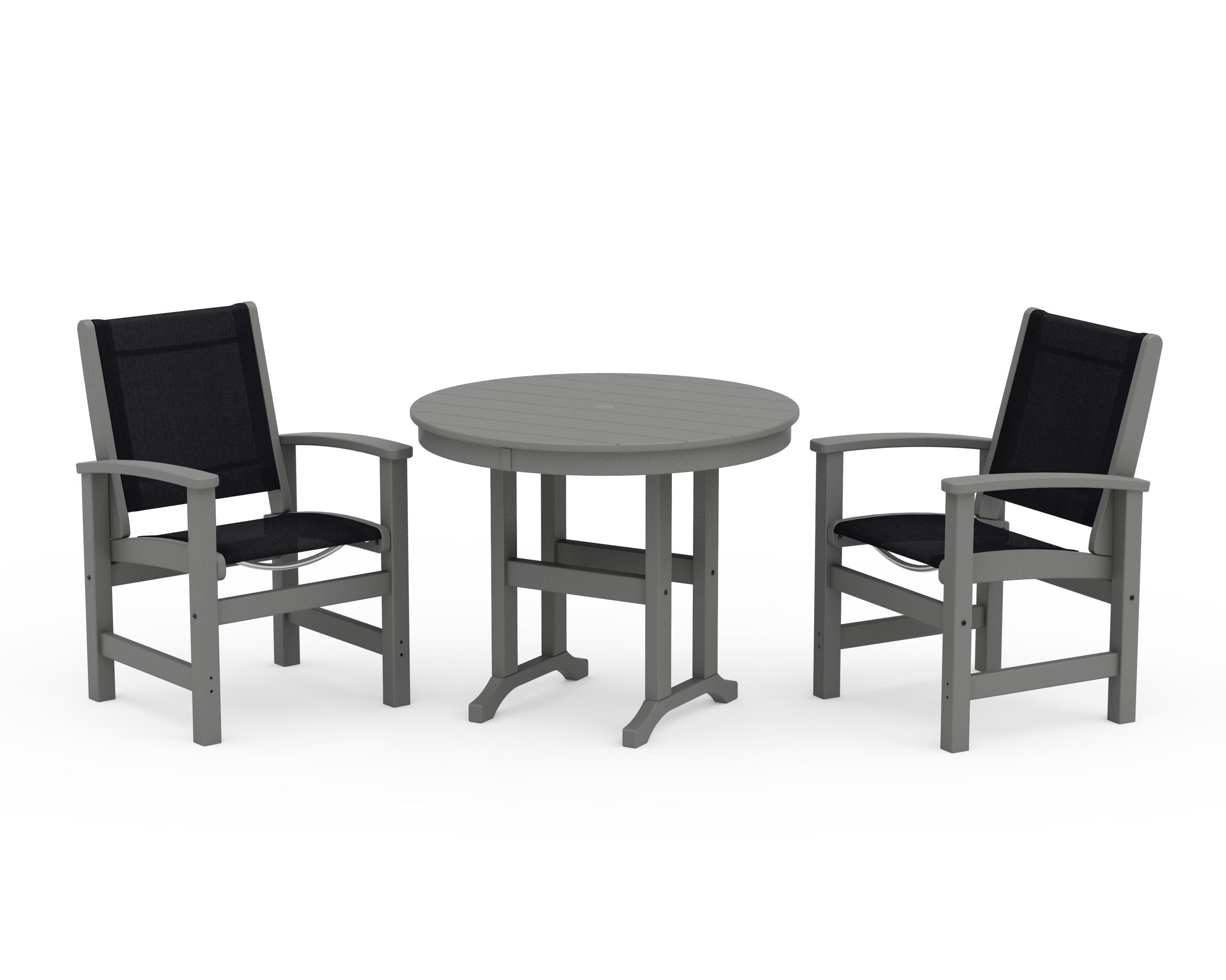 POLYWOOD® Coastal 3-Piece Round Dining Set in Slate Grey / Black Sling