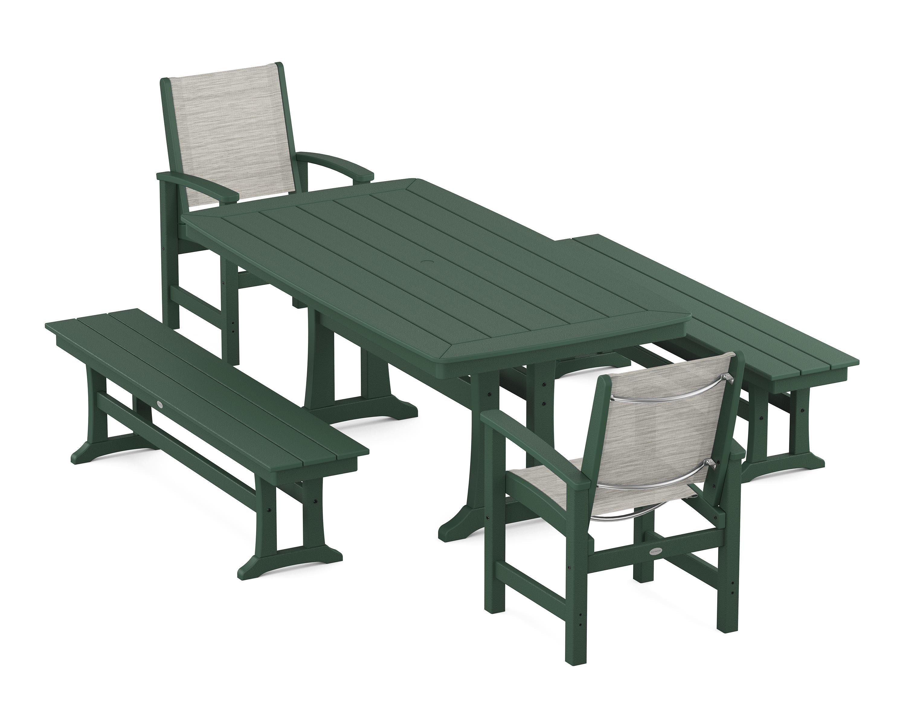 POLYWOOD® Coastal 5-Piece Dining Set with Trestle Legs and Benches in Green / Birch Sling