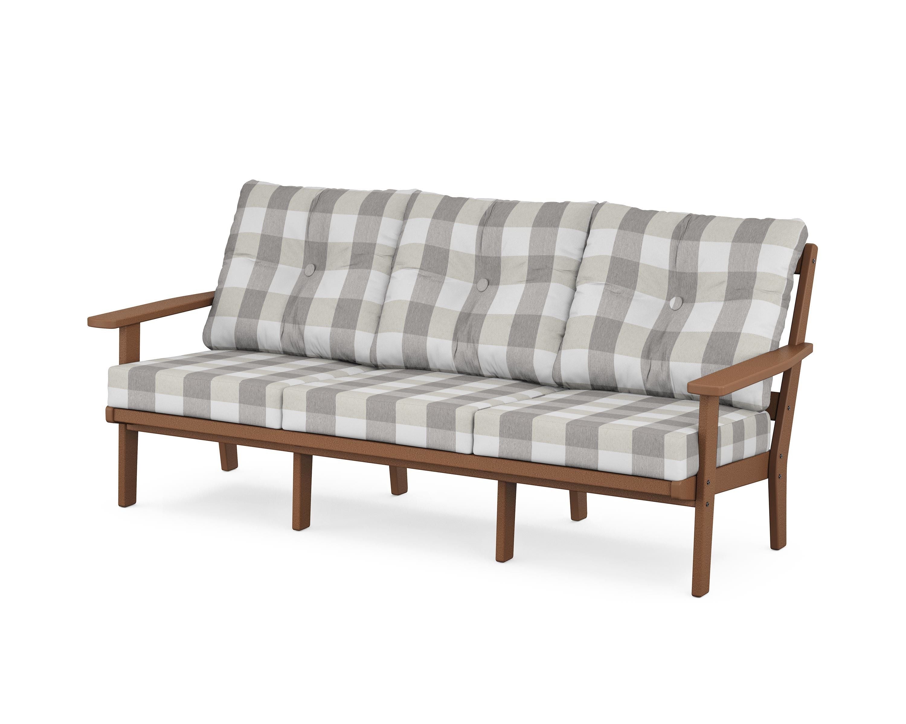 POLYWOOD® Oxford Deep Seating Sofa in Teak / Buffalo Plaid Grey Mist