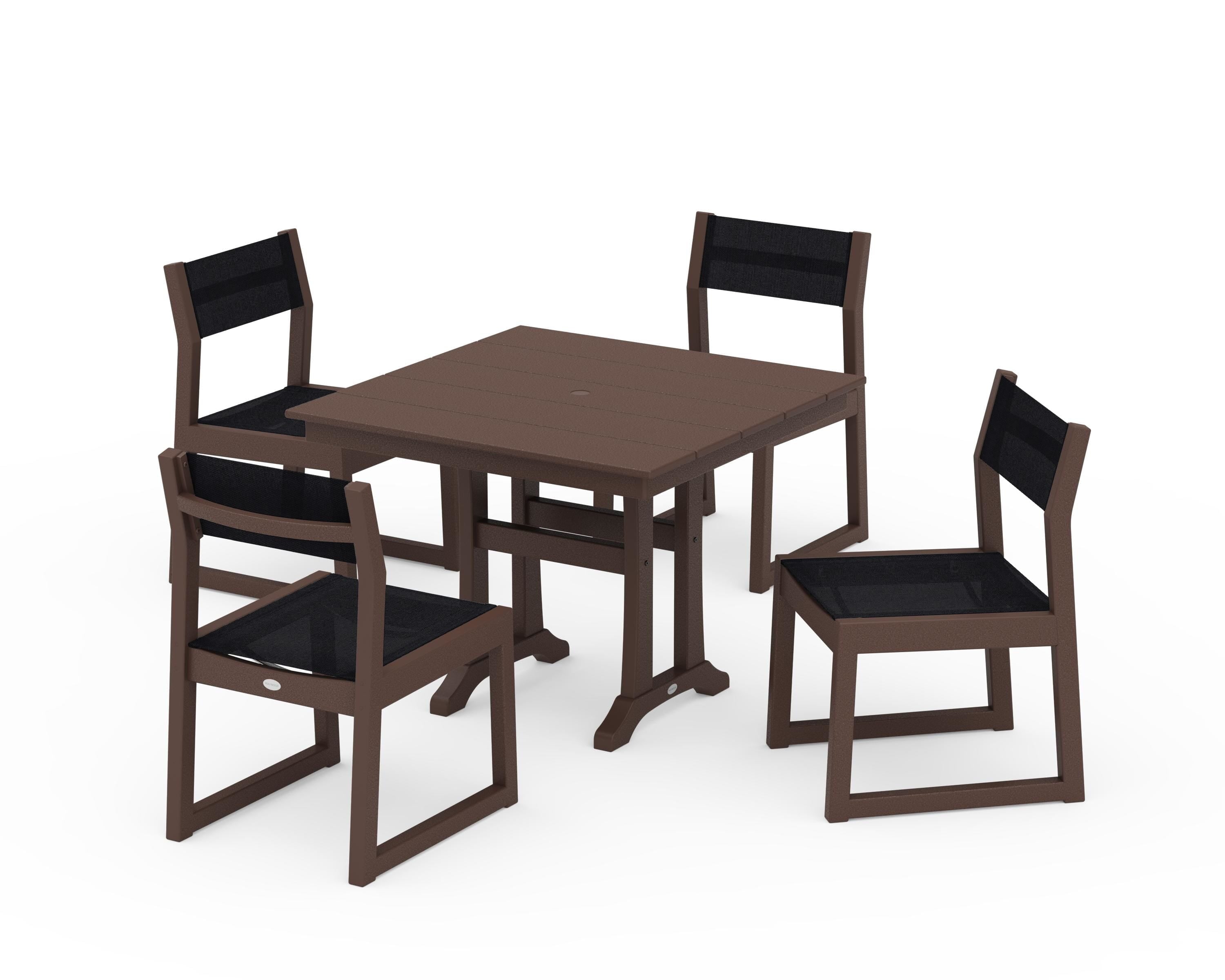 POLYWOOD® EDGE Sling 5-Piece Farmhouse Trestle Side Chair Dining Set in Mahogany / Black Sling