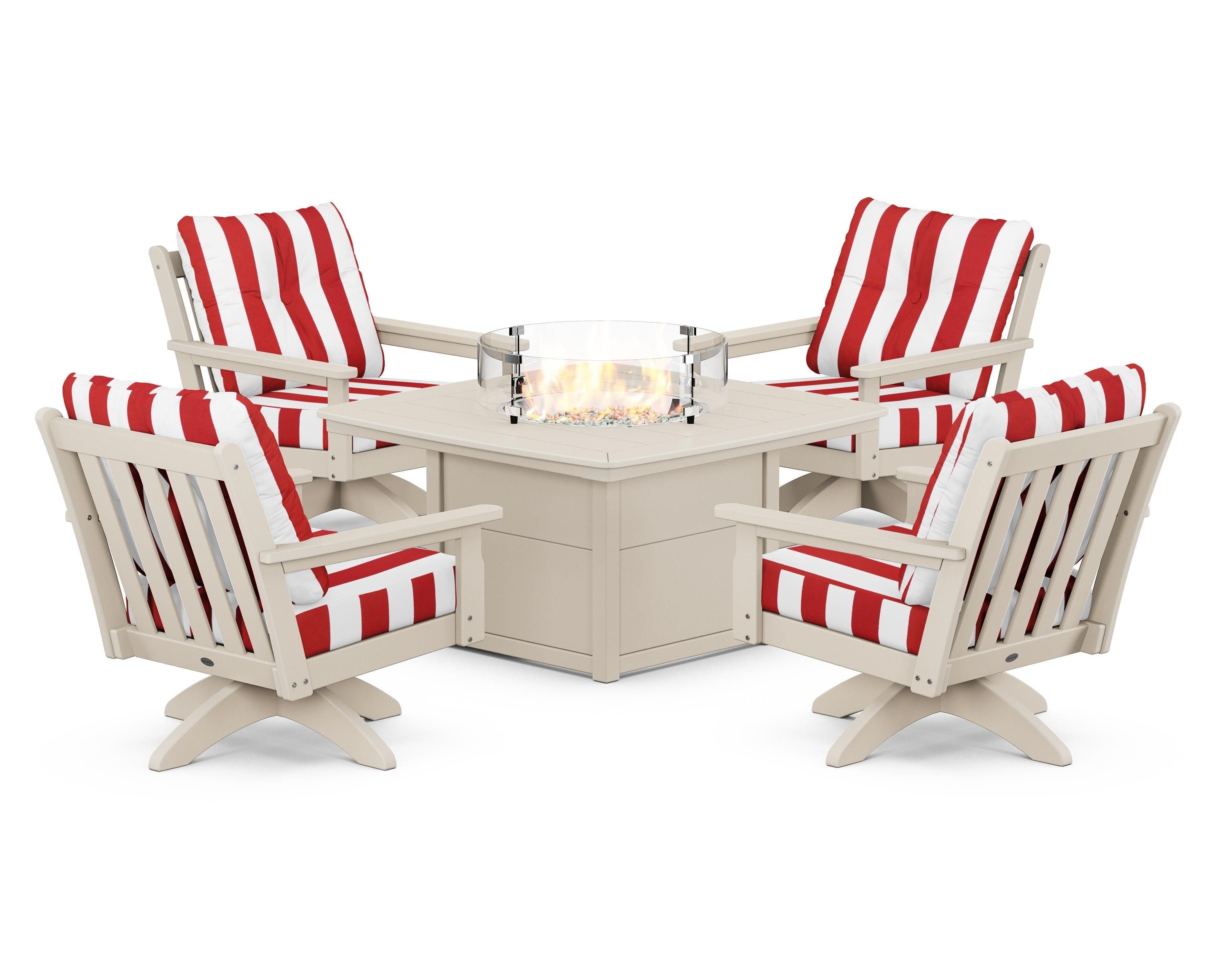 POLYWOOD® Vineyard 5-Piece Deep Seating Swivel Conversation Set with Fire Pit Table in Sand / Cabana Stripe Crimson