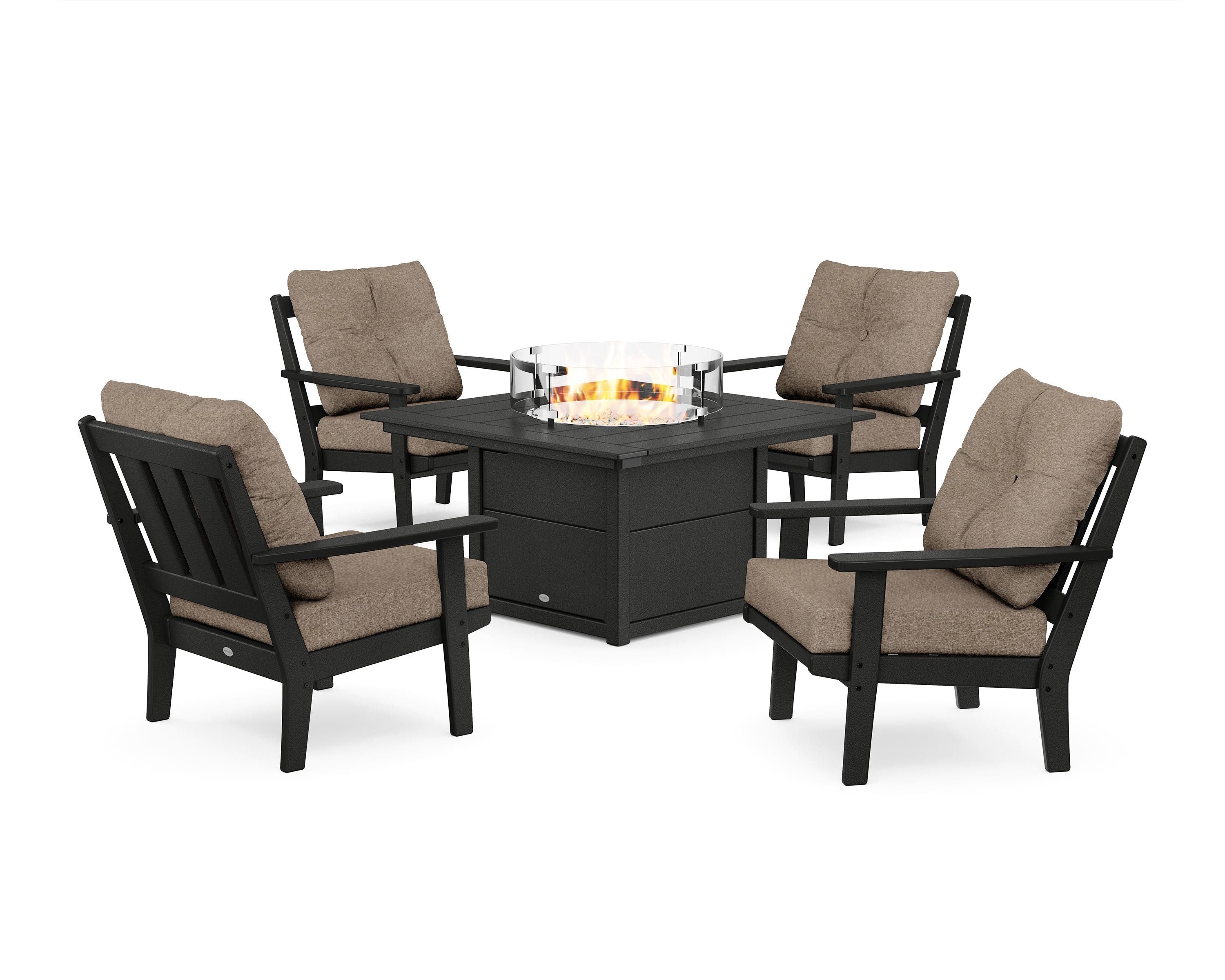 POLYWOOD® Oxford 5-Piece Deep Seating Set with Fire Pit Table in Black / Spiced Burlap