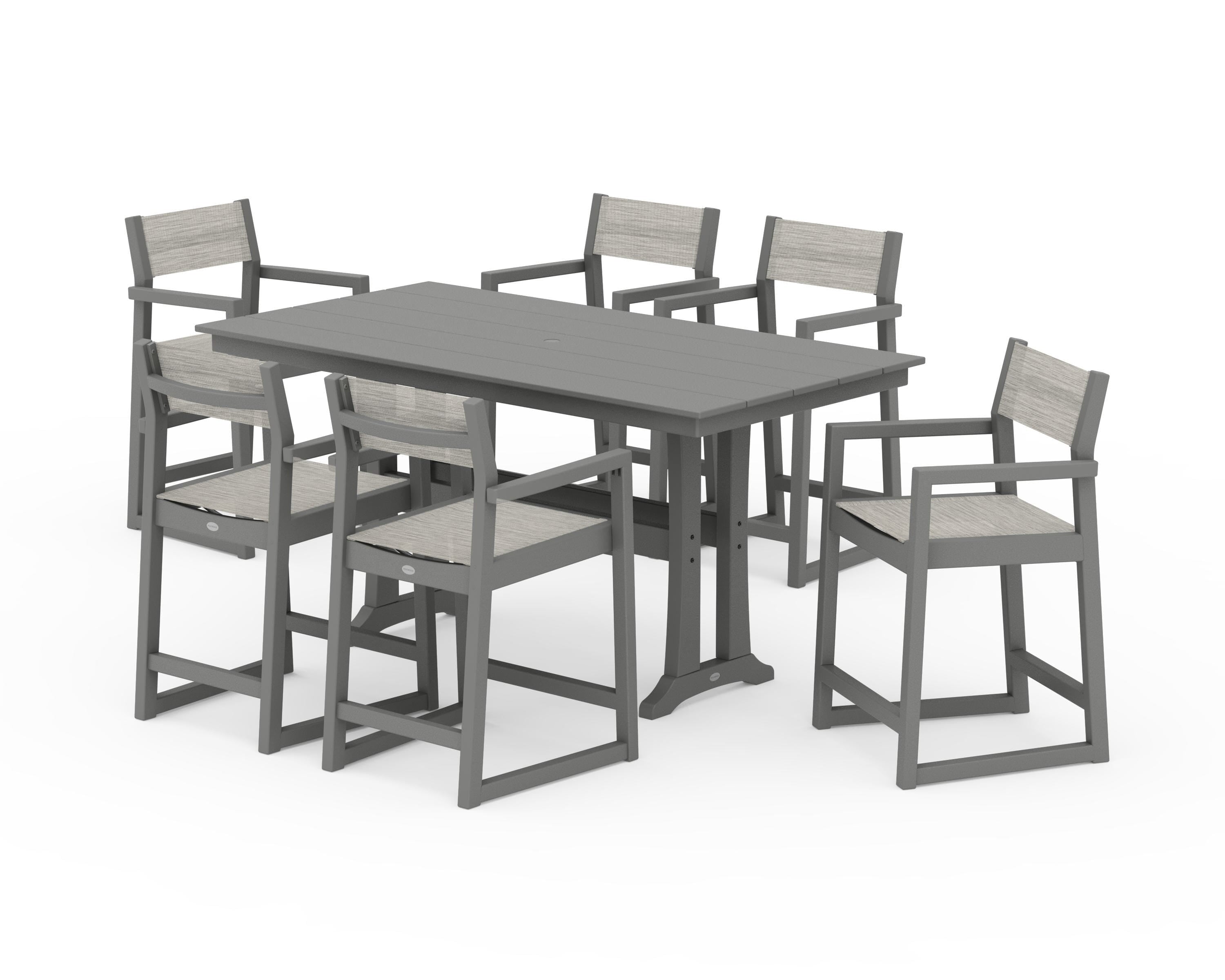 POLYWOOD® EDGE Sling Arm Chair 7-Piece Farmhouse Counter Set with Trestle Legs in Slate Grey / Birch Sling