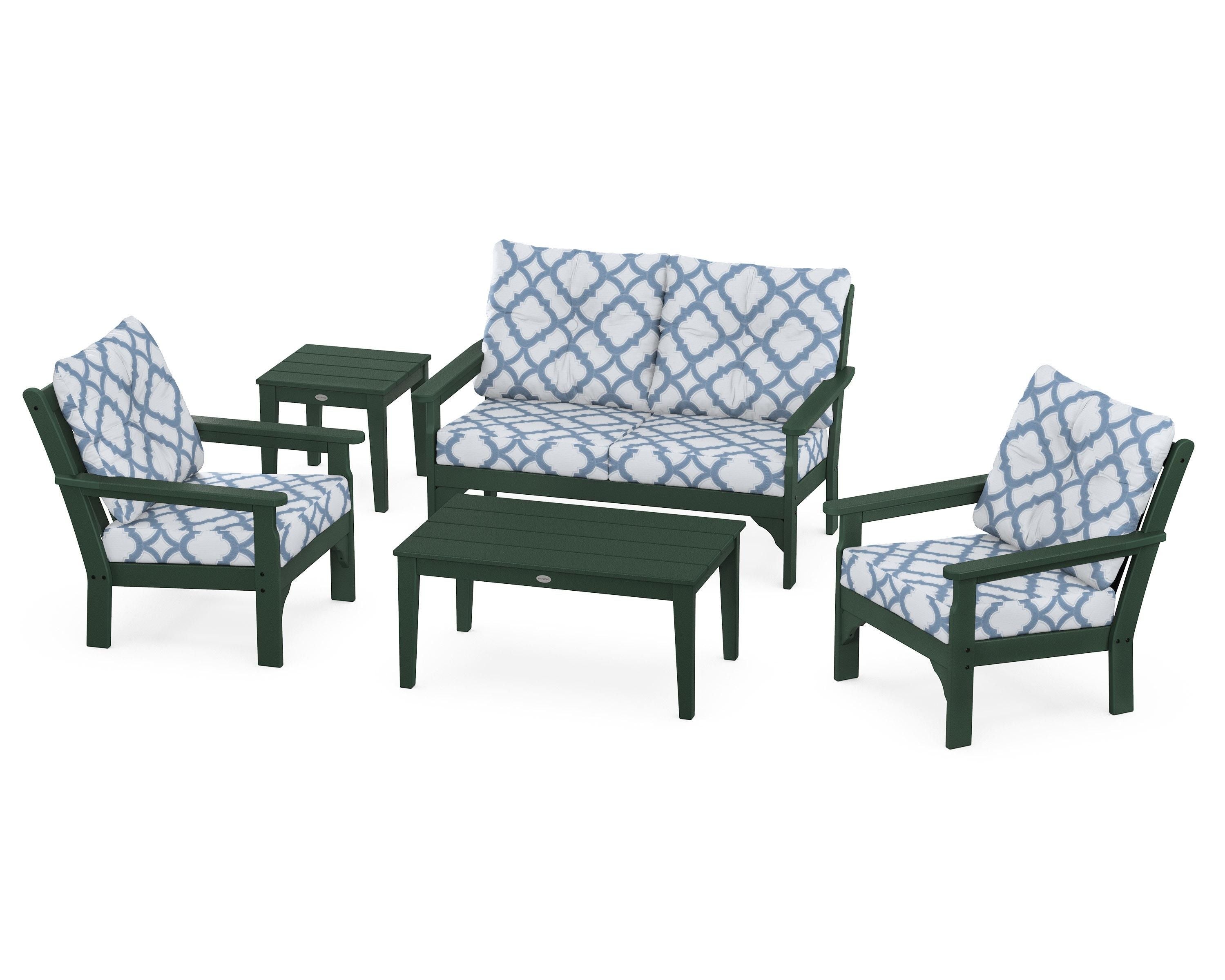 POLYWOOD® Vineyard 5-Piece Deep Seating Set in Green / Trellis Sky Blue