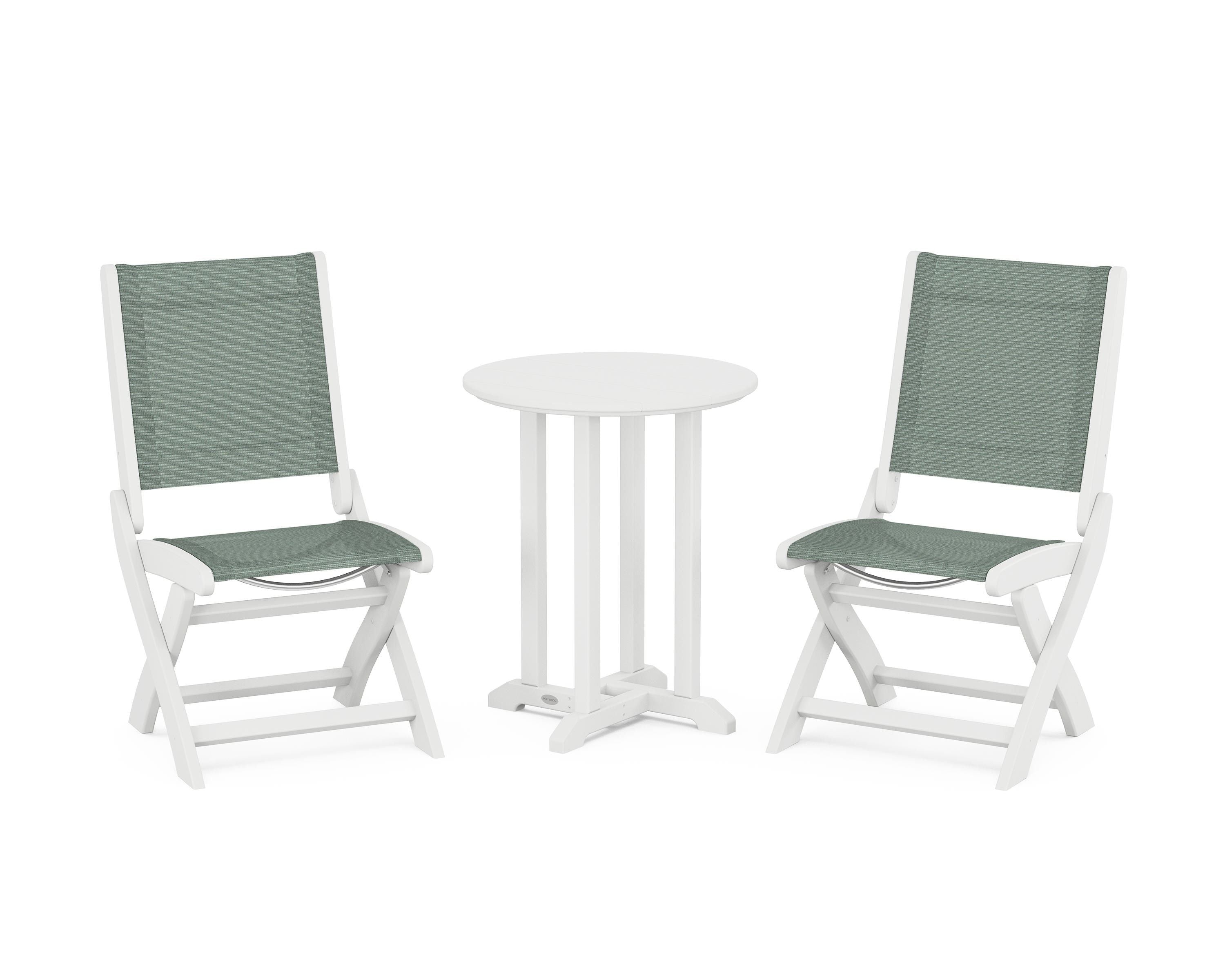 POLYWOOD® Coastal Folding Side Chair 3-Piece Round Bistro Dining Set in White / Dupioni Sea Mist Sling
