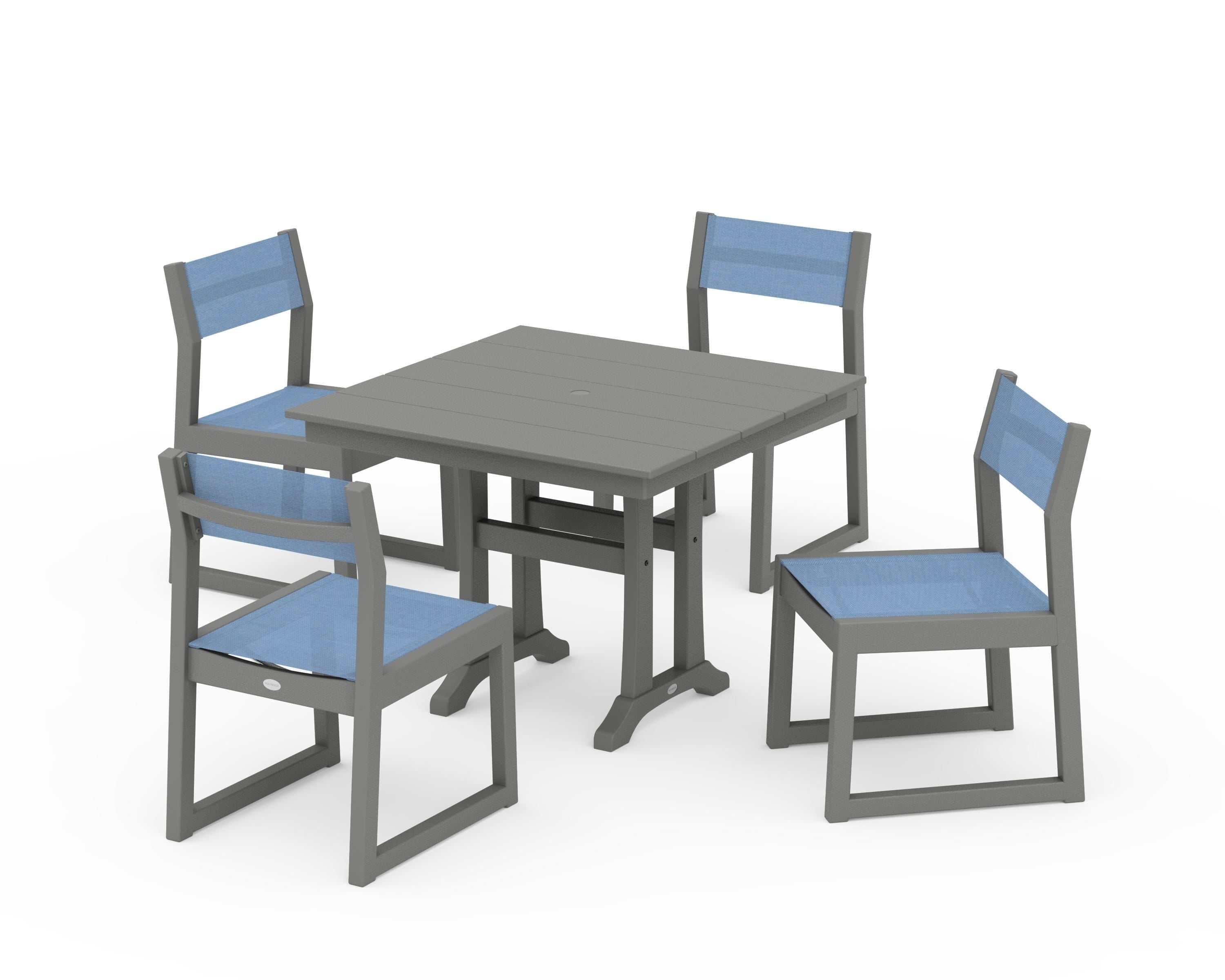 POLYWOOD® EDGE Sling 5-Piece Farmhouse Trestle Side Chair Dining Set in Slate Grey / Poolside Sling