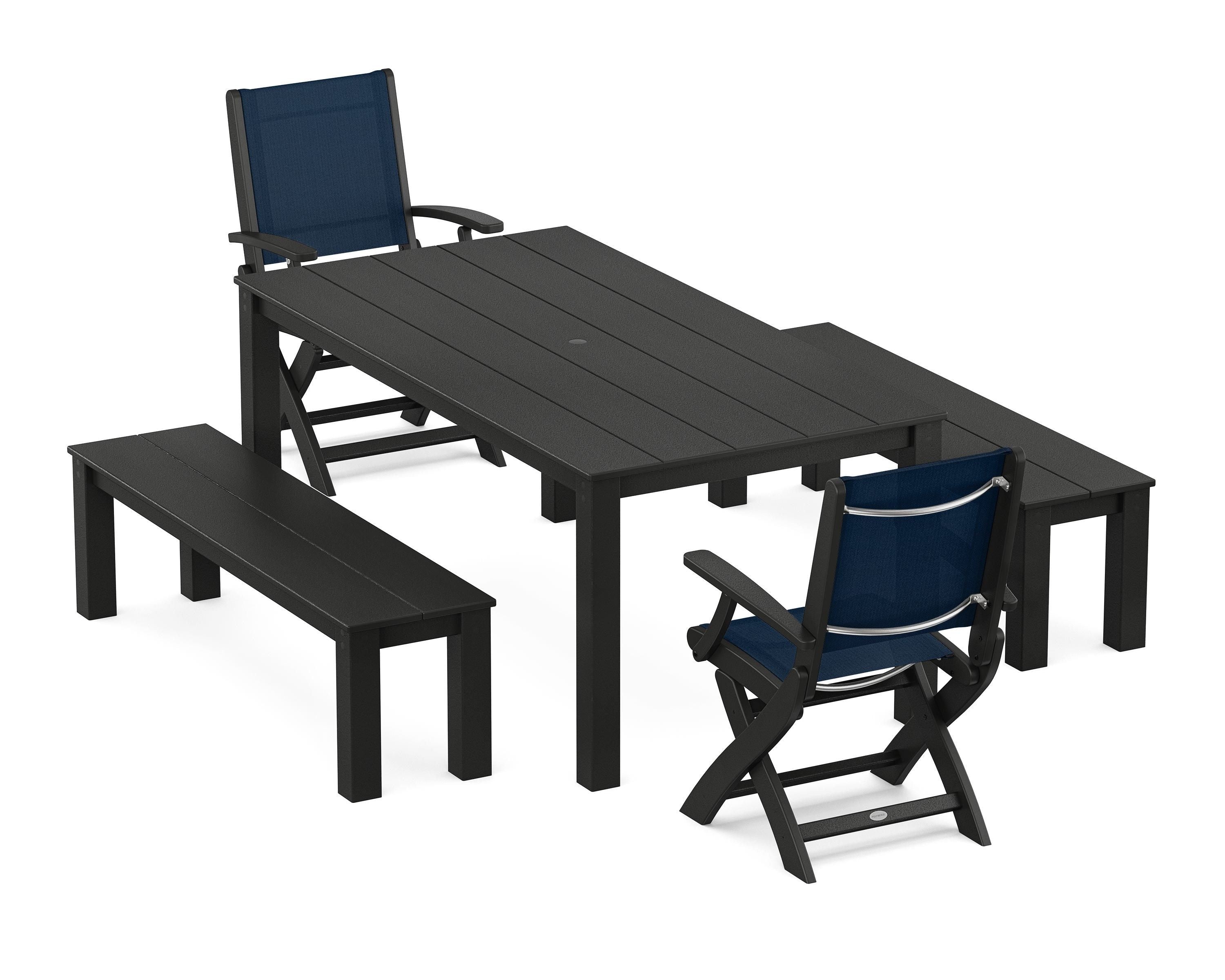 POLYWOOD® Coastal Folding Chair 5-Piece Parsons Dining Set with Benches in Black / Navy Blue Sling