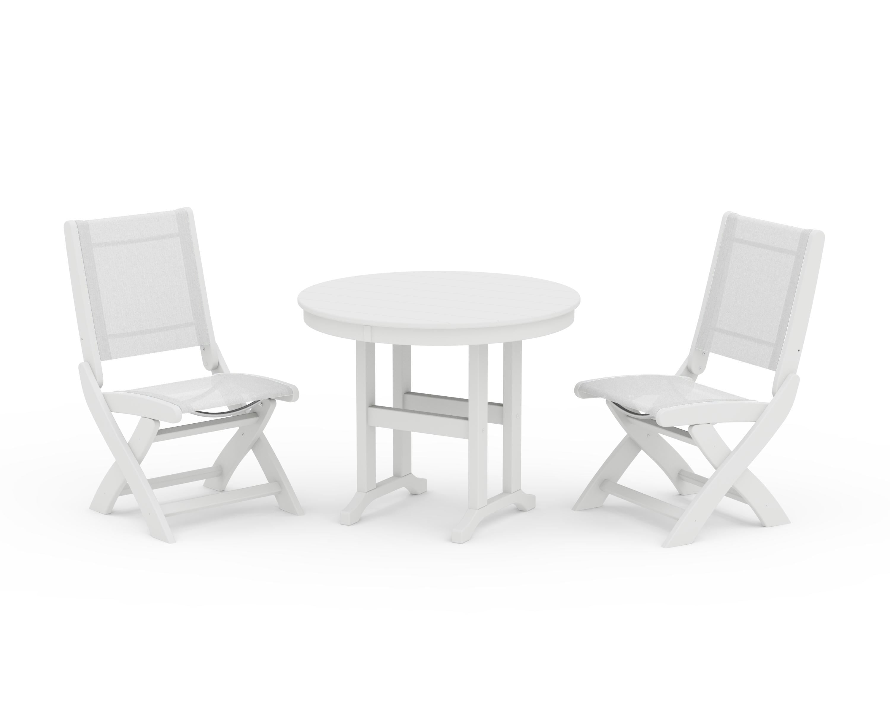 POLYWOOD® Coastal Folding Side Chair 3-Piece Round Dining Set in White / White Sling