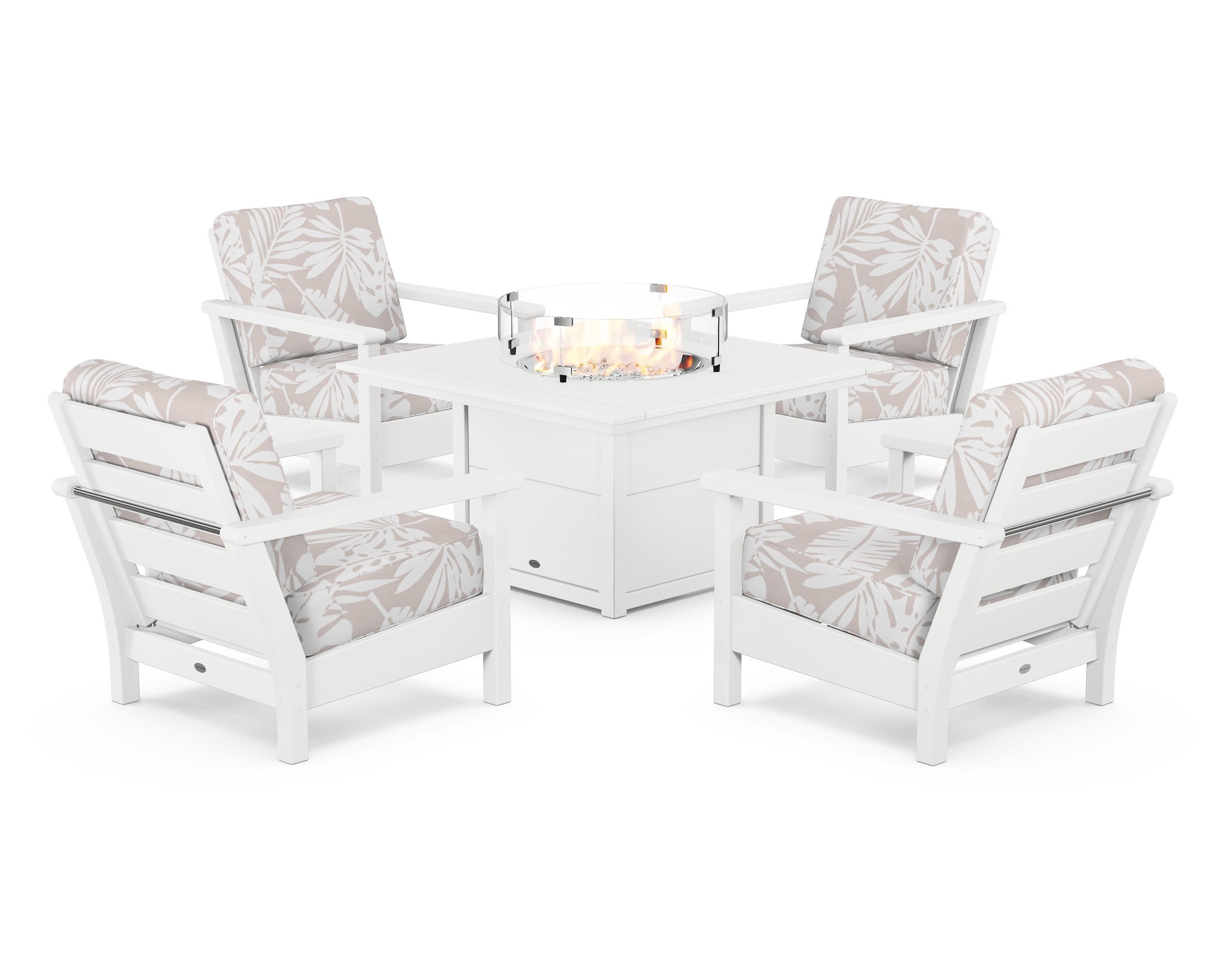 POLYWOOD® Harbour 5-Piece Conversation Set with Fire Pit Table in White / Leaf Dune Burlap