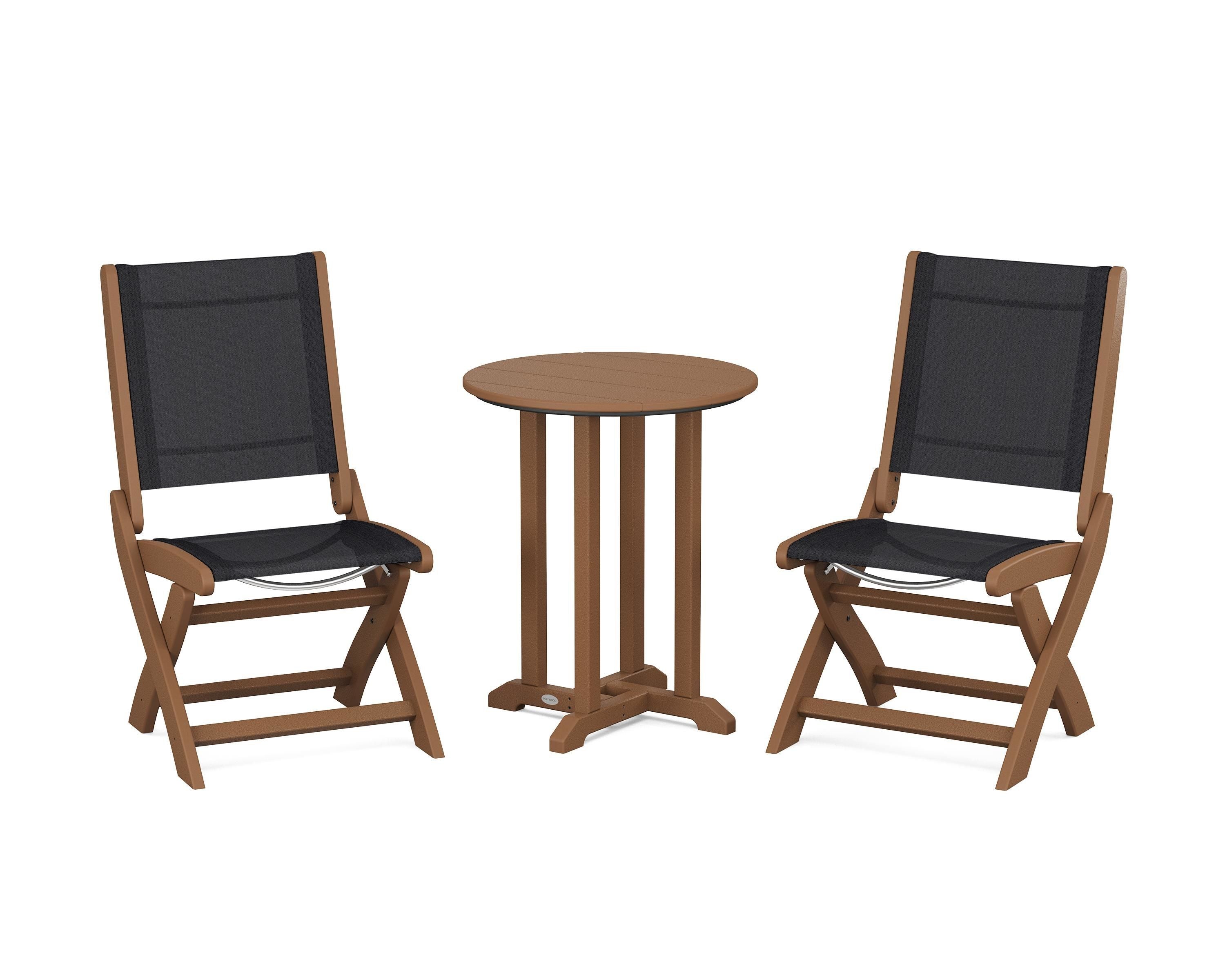 POLYWOOD® Coastal Folding Side Chair 3-Piece Round Bistro Dining Set in Teak / Black Sling