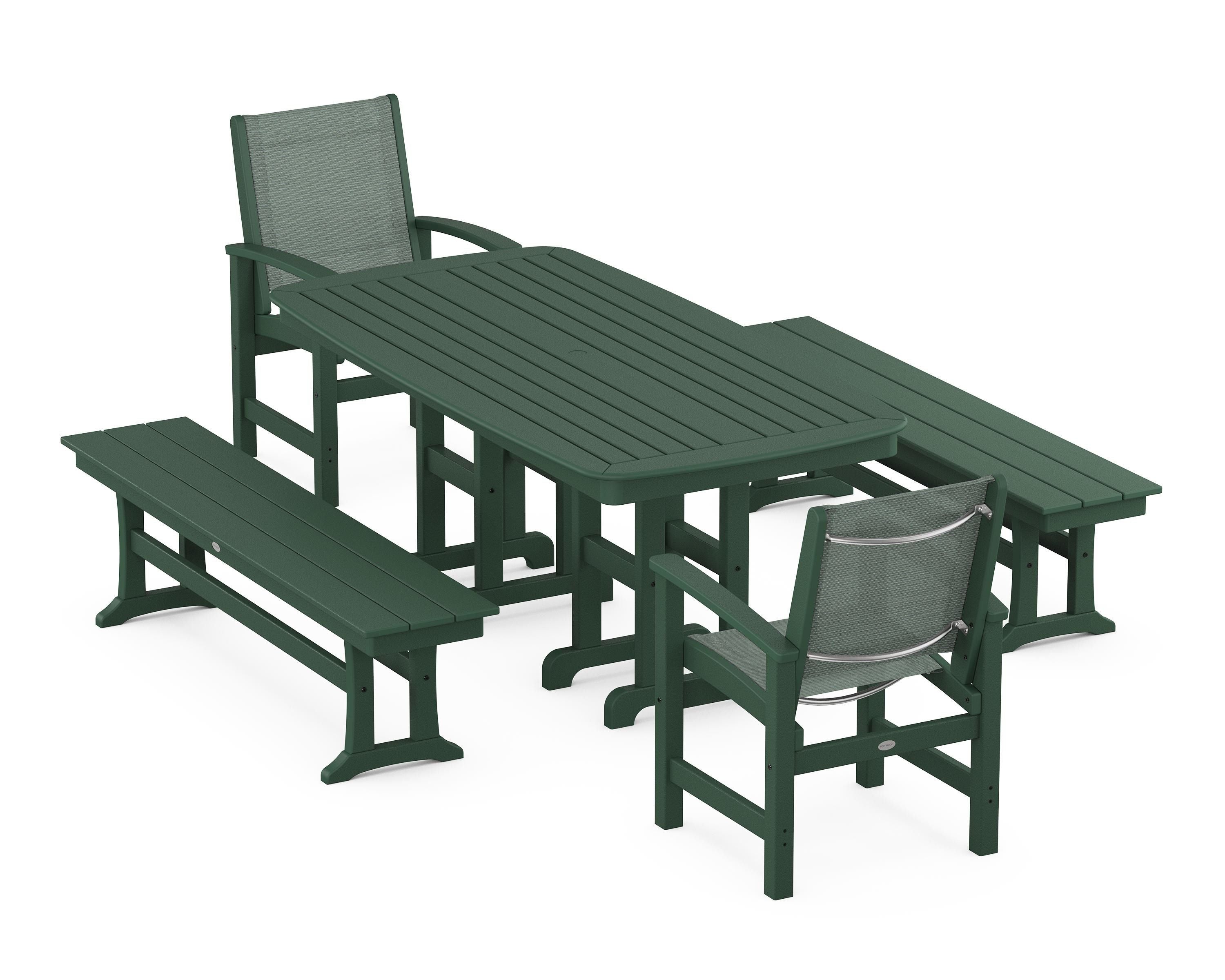 POLYWOOD® Coastal 5-Piece Dining Set in Green / Dupioni Sea Mist Sling