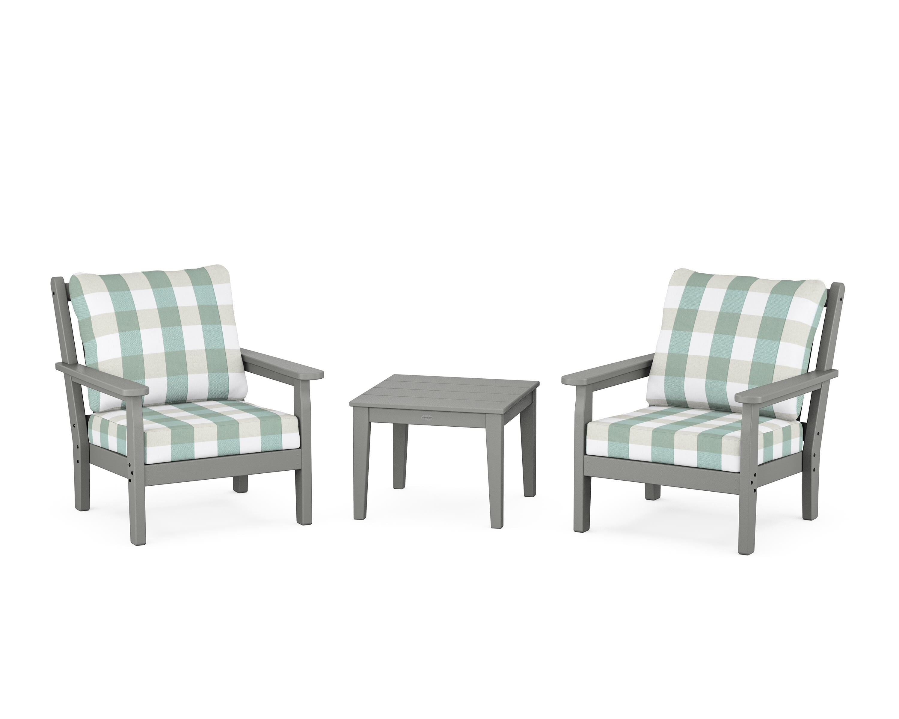 POLYWOOD® Chippendale 3-Piece Deep Seating Set in Slate Grey / Buffalo Plaid Glacier Spa
