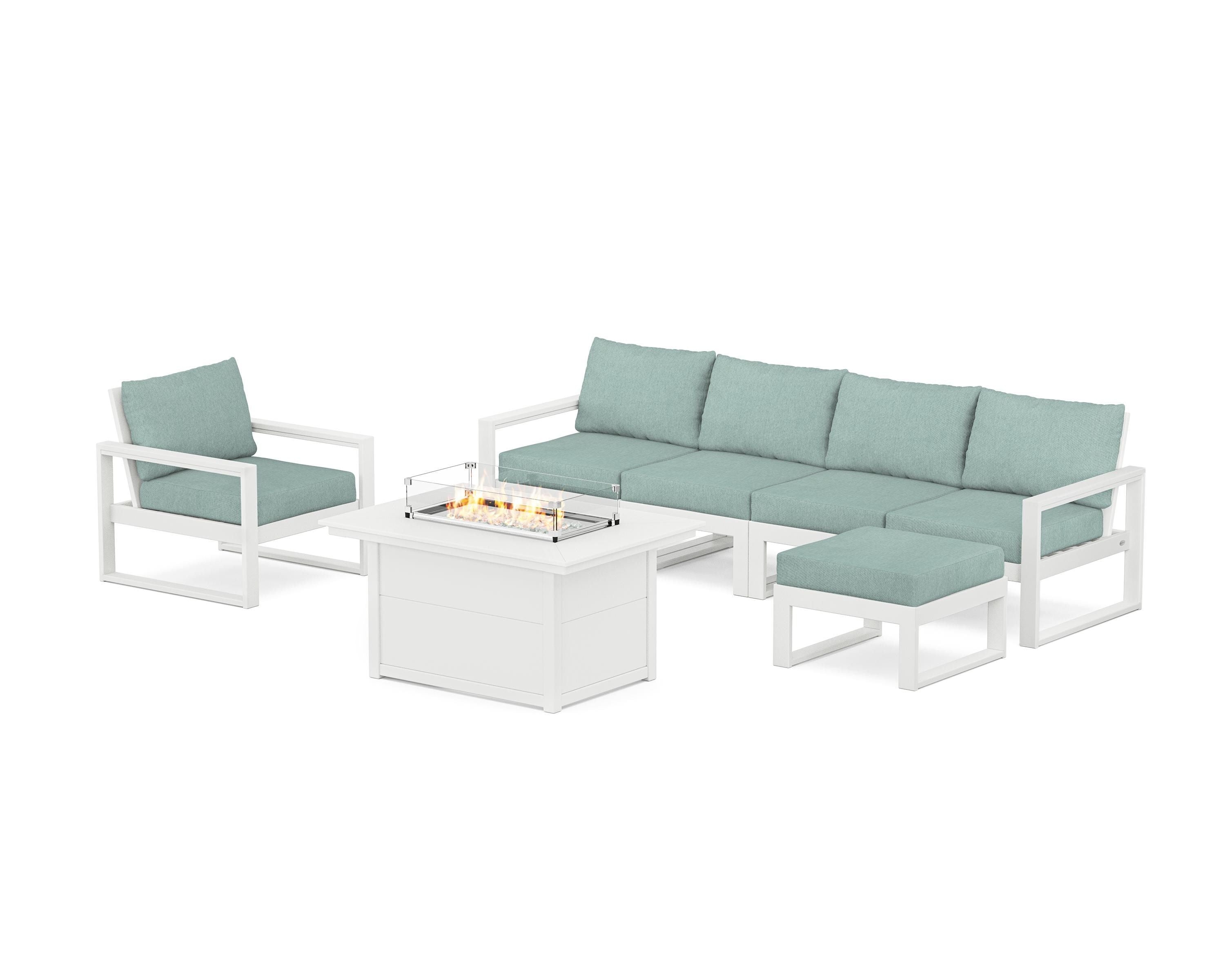 POLYWOOD® EDGE Sectional Lounge and Fire Pit Set in White / Glacier Spa