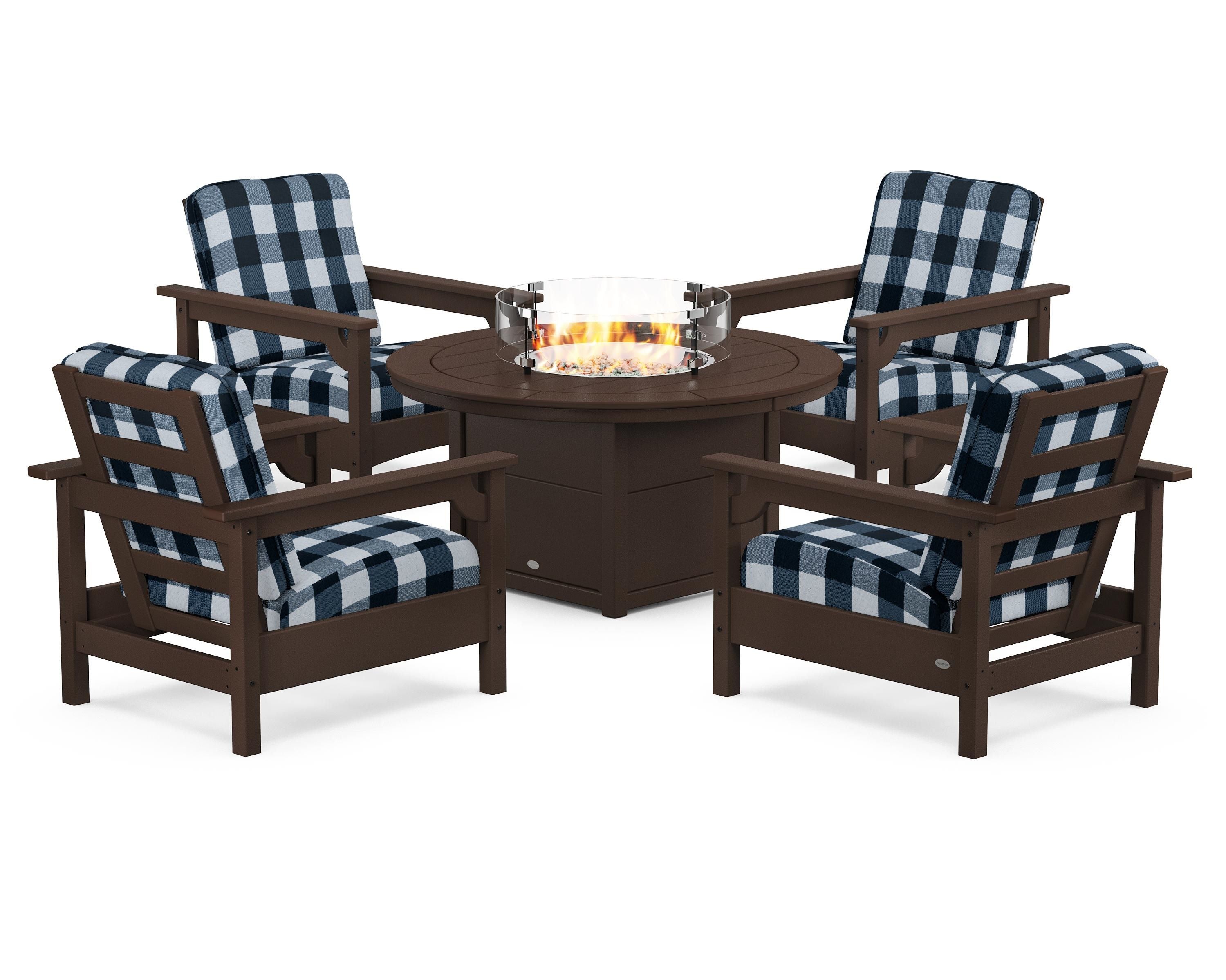 POLYWOOD® Club 5-Piece Conversation Set with Fire Pit Table in Mahogany / Buffalo Plaid Marine Indigo