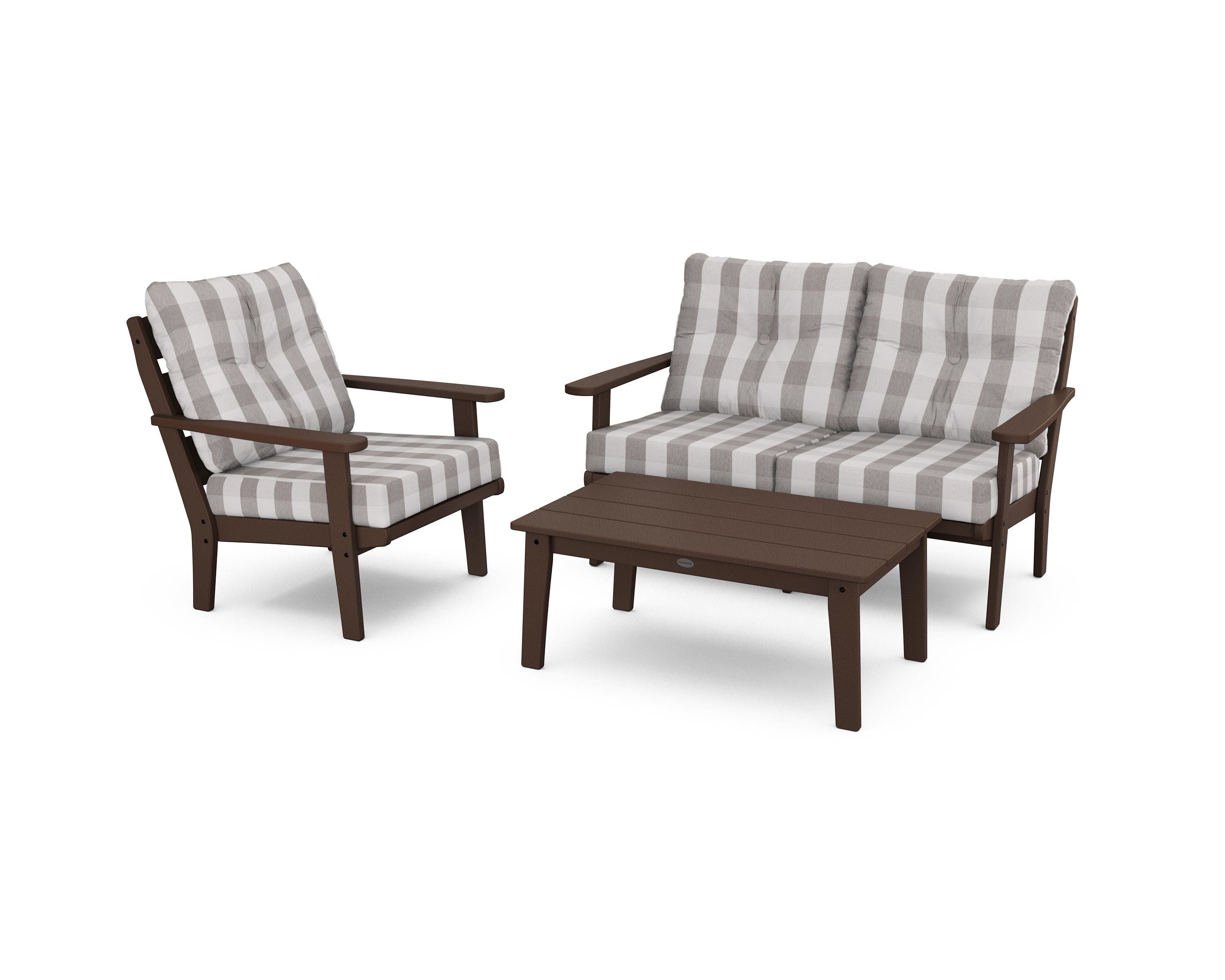 POLYWOOD® Lakeside 3-Piece Deep Seating Set in Mahogany / Buffalo Plaid Grey Mist