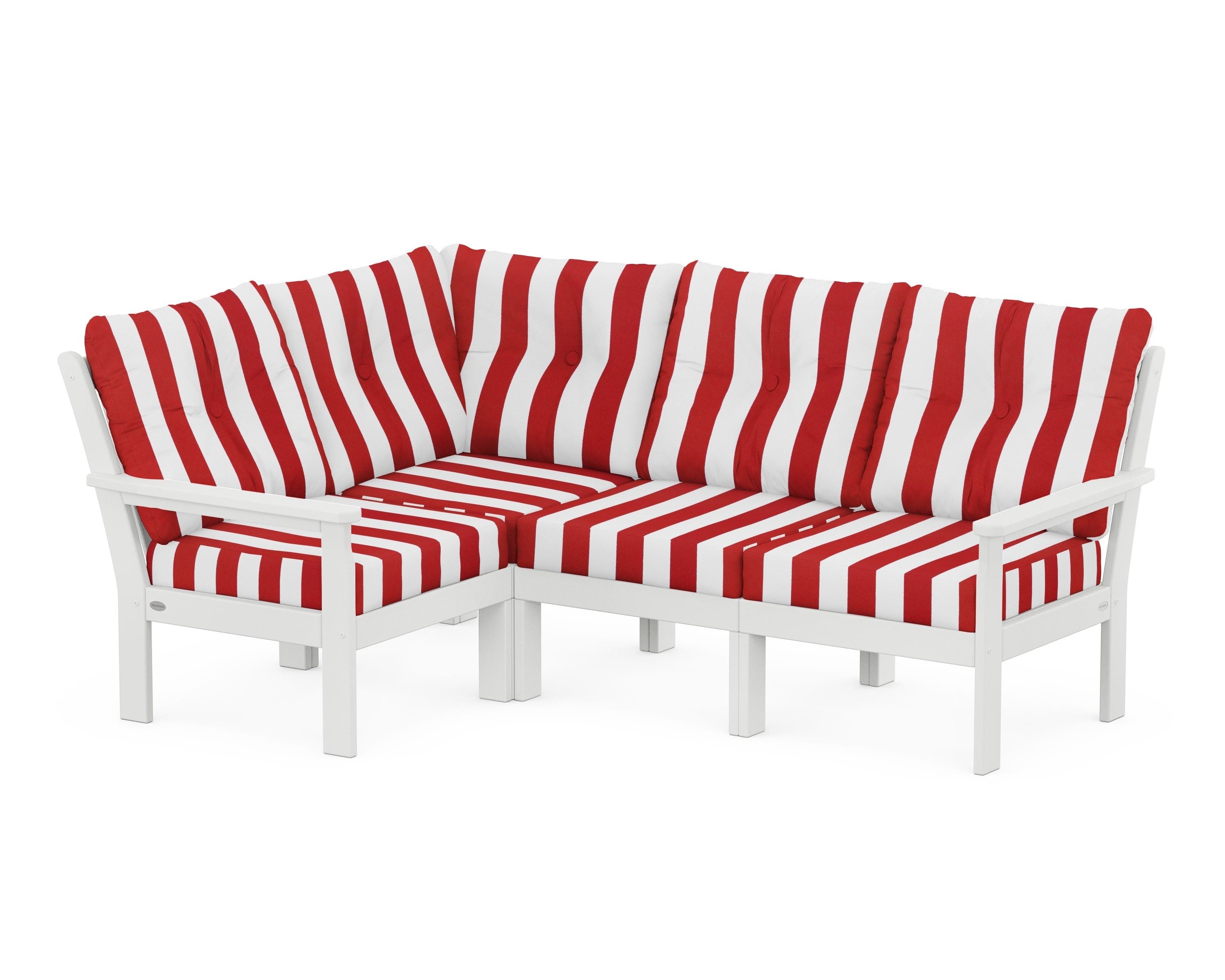 POLYWOOD® Vineyard 4-Piece Sectional in White / Cabana Stripe Crimson