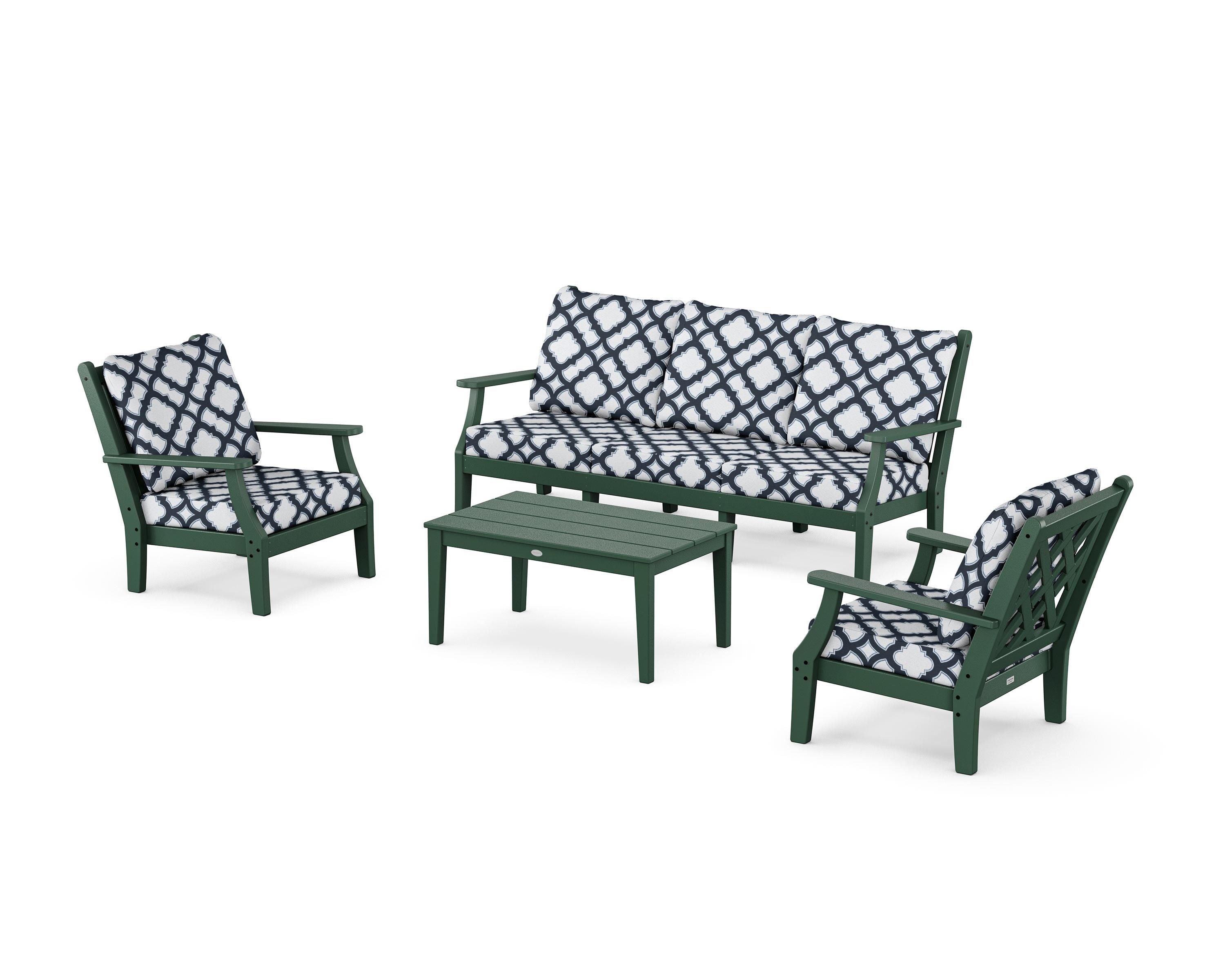 Country Living Wovendale 4-Piece Deep Seating Set with Sofa in Green / Trellis Marine Indigo