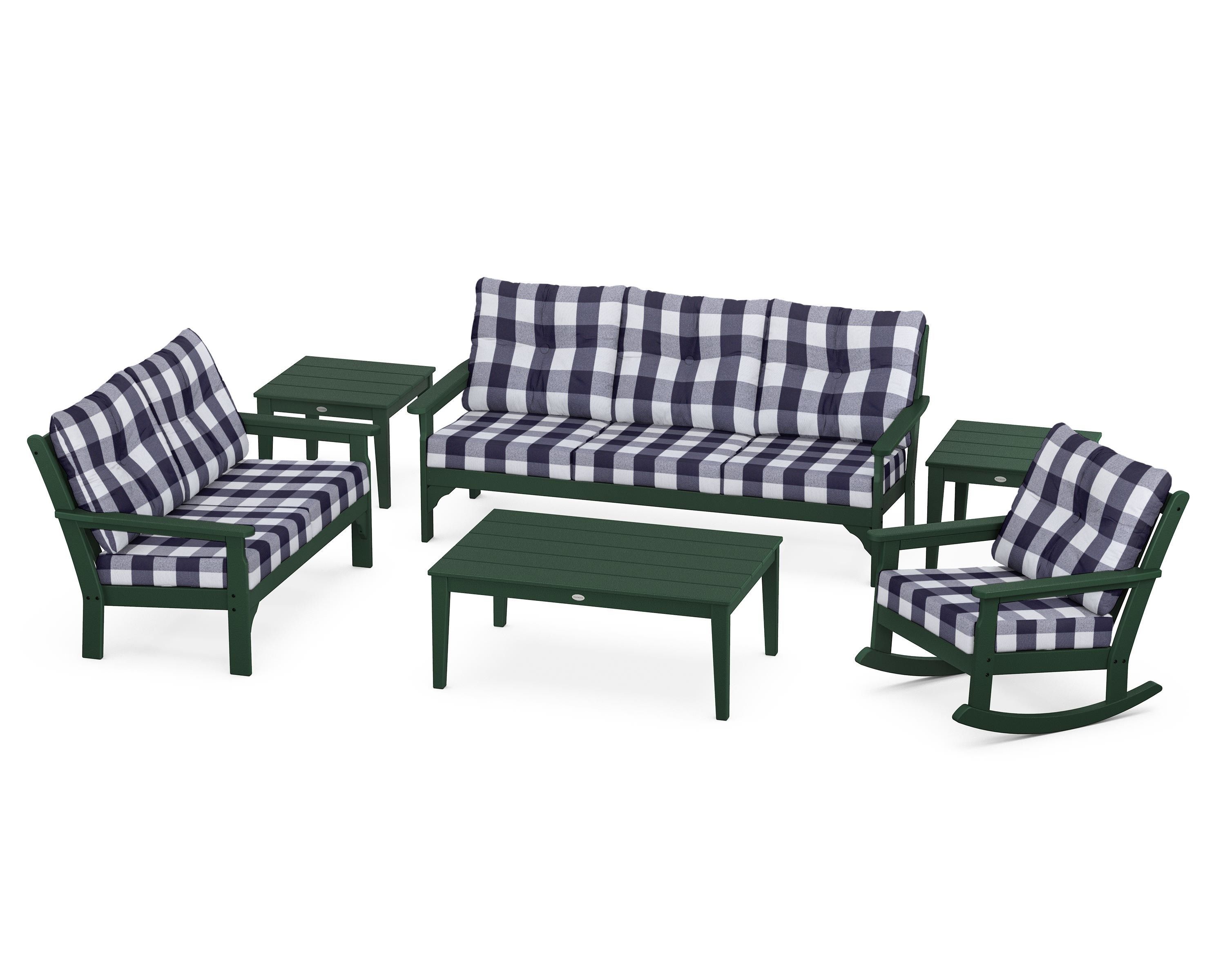 POLYWOOD® Vineyard 6-Piece Deep Seating Set in Green / Buffalo Plaid Navy