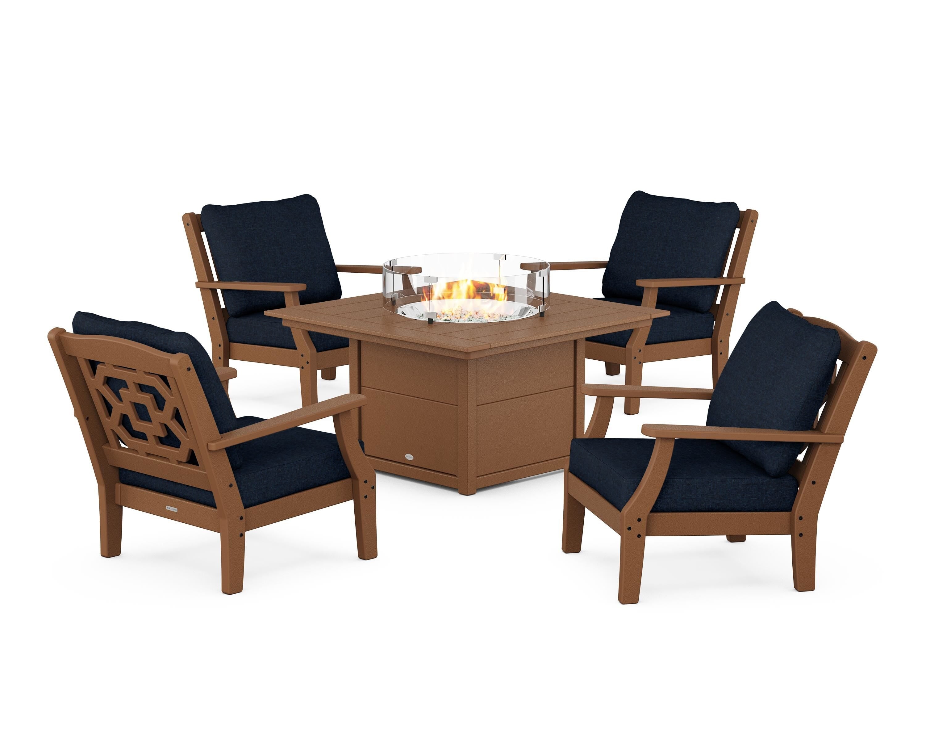 Martha Stewart by POLYWOOD® Chinoiserie 5-Piece Deep Seating Set with Fire Pit Table in Teak / Marine Indigo