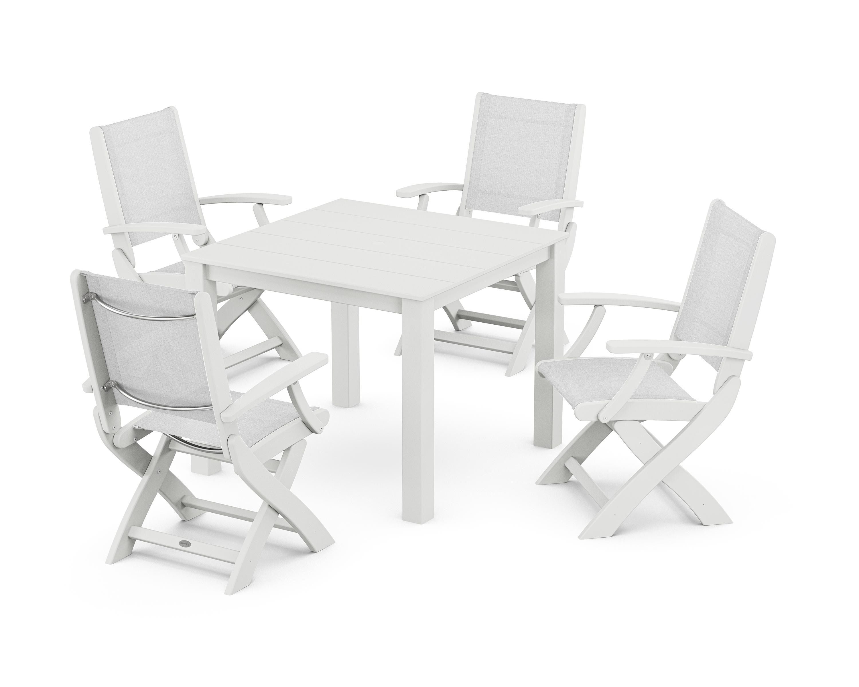 POLYWOOD® Coastal Folding Chair 5-Piece Parsons Dining Set in White / White Sling