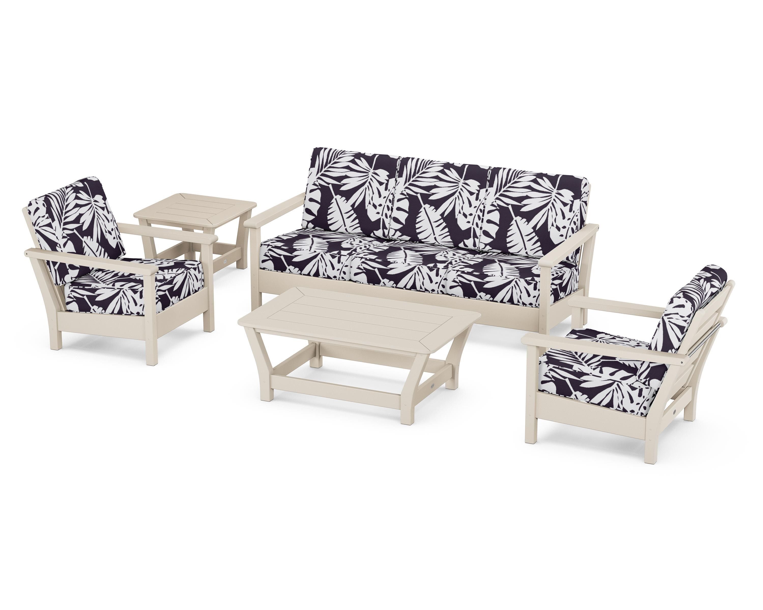 POLYWOOD® Harbour 5-Piece Deep Seating Set in Sand / Leaf Navy