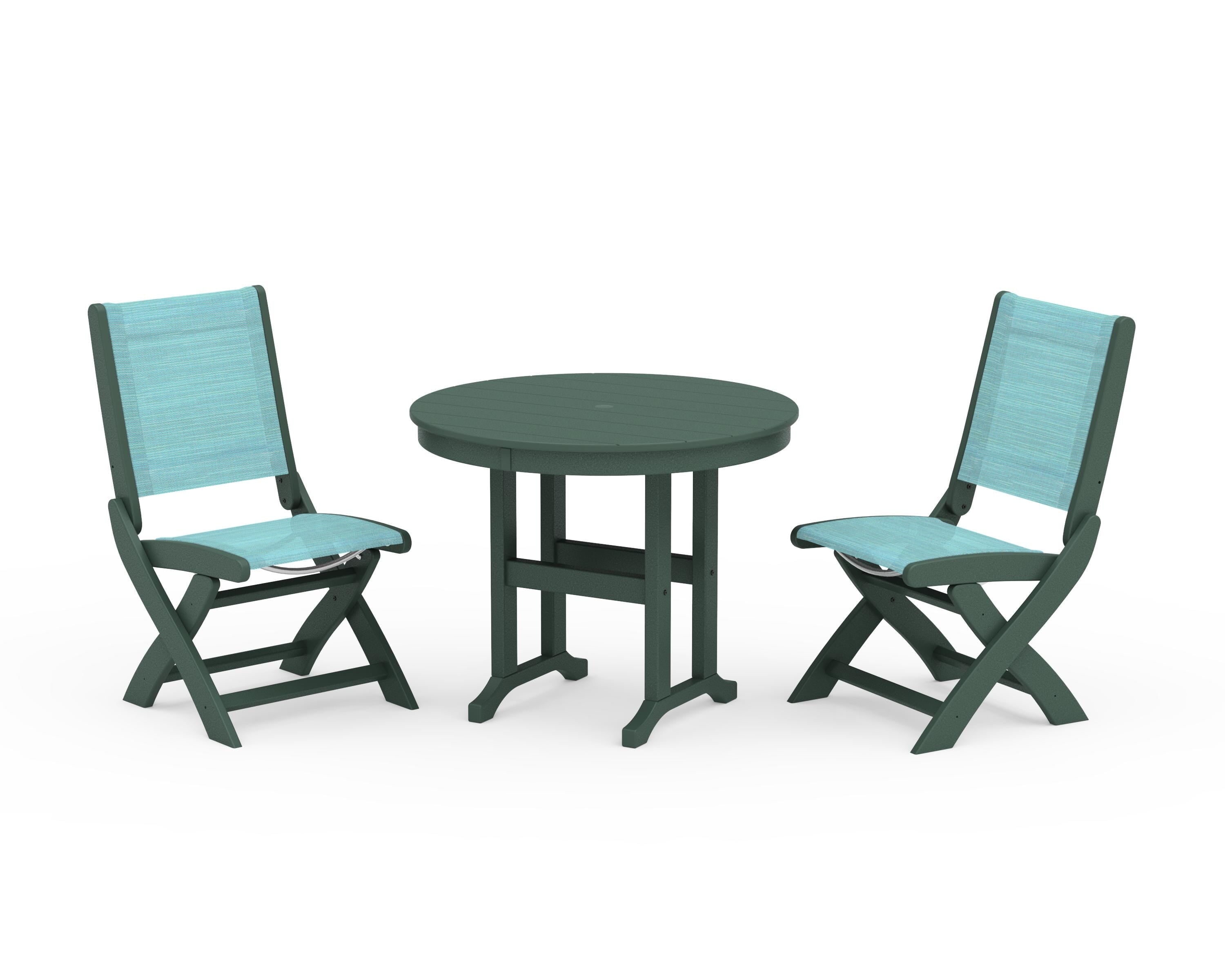 POLYWOOD® Coastal Folding Side Chair 3-Piece Round Dining Set in Green / Dupioni Aquamarine Sling