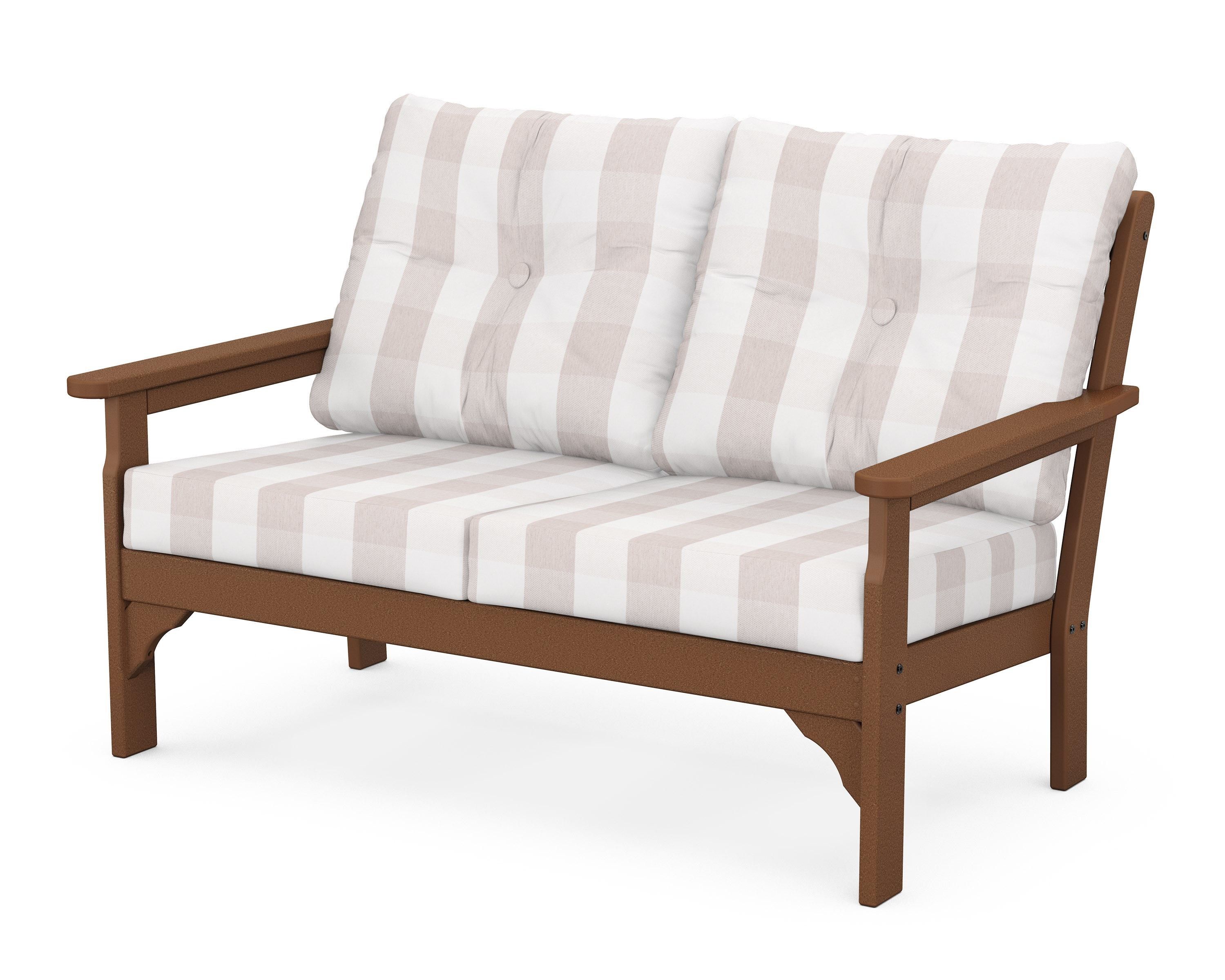 POLYWOOD® Vineyard Deep Seating Loveseat in Teak / Buffalo Plaid Dune Burlap