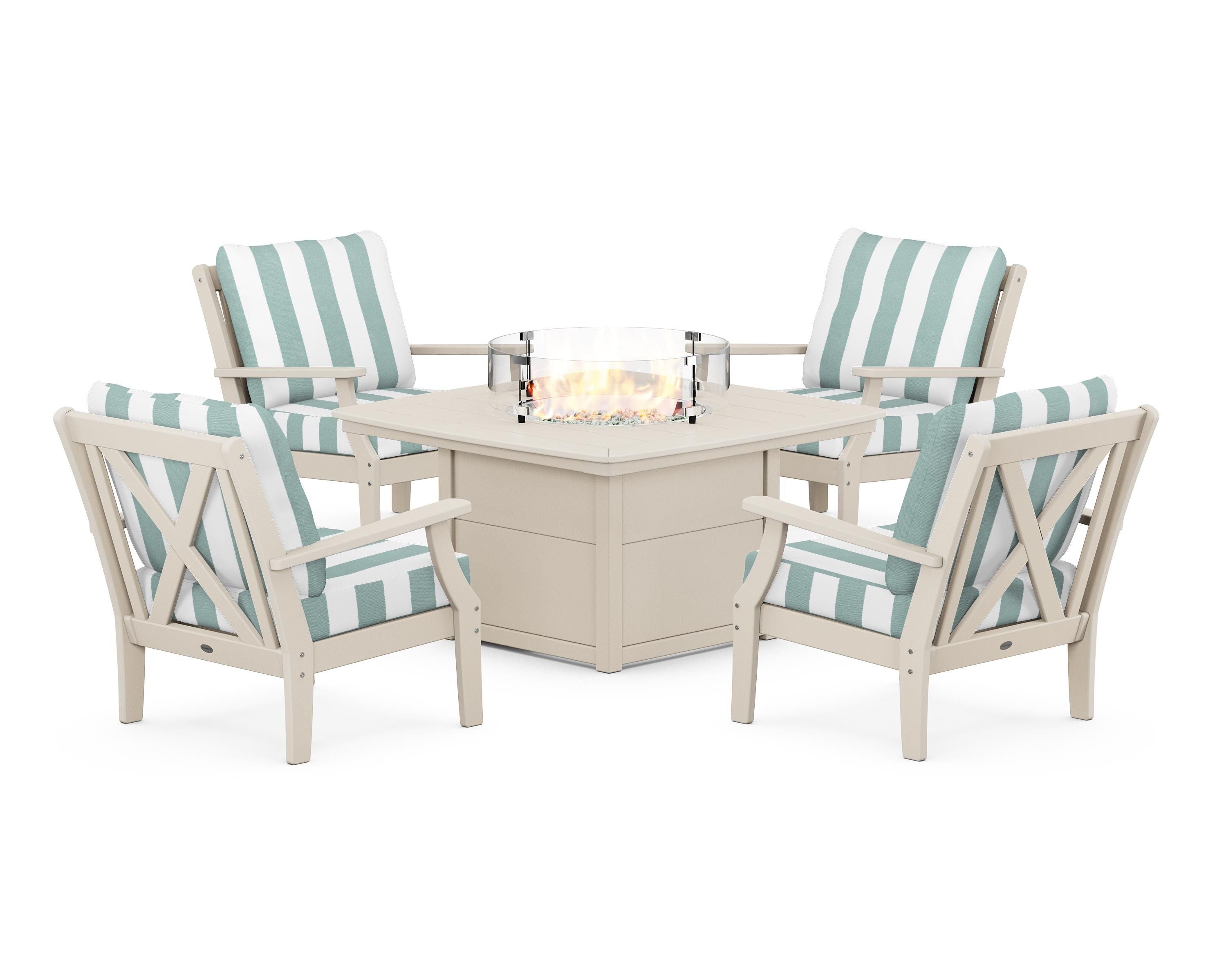 POLYWOOD® Braxton 5-Piece Deep Seating Conversation Set with Fire Pit Table in Sand / Cabana Stripe Glacier Spa