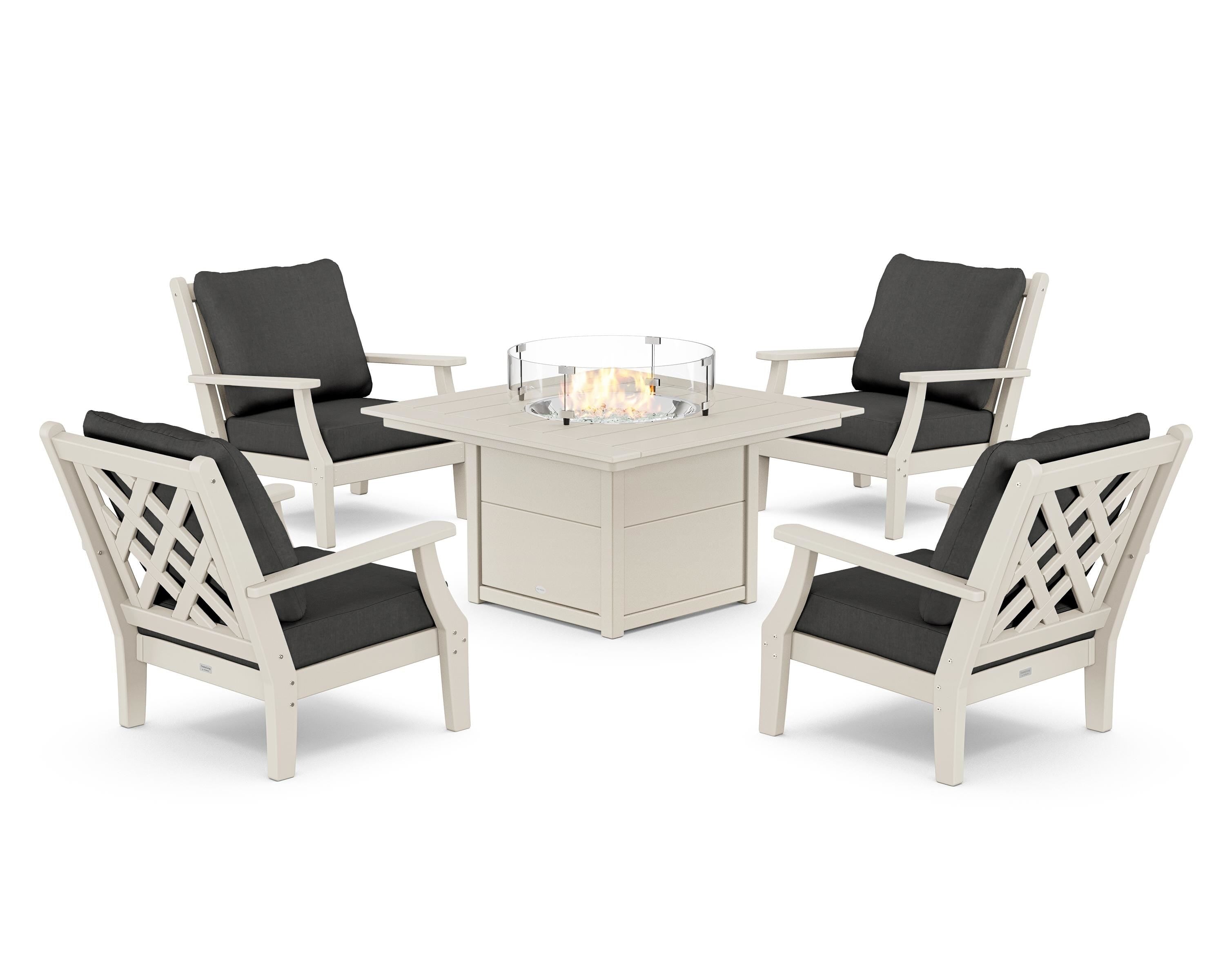 Country Living Wovendale 5-Piece Deep Seating Set with Fire Pit Table in Sand / Spectrum Carbon