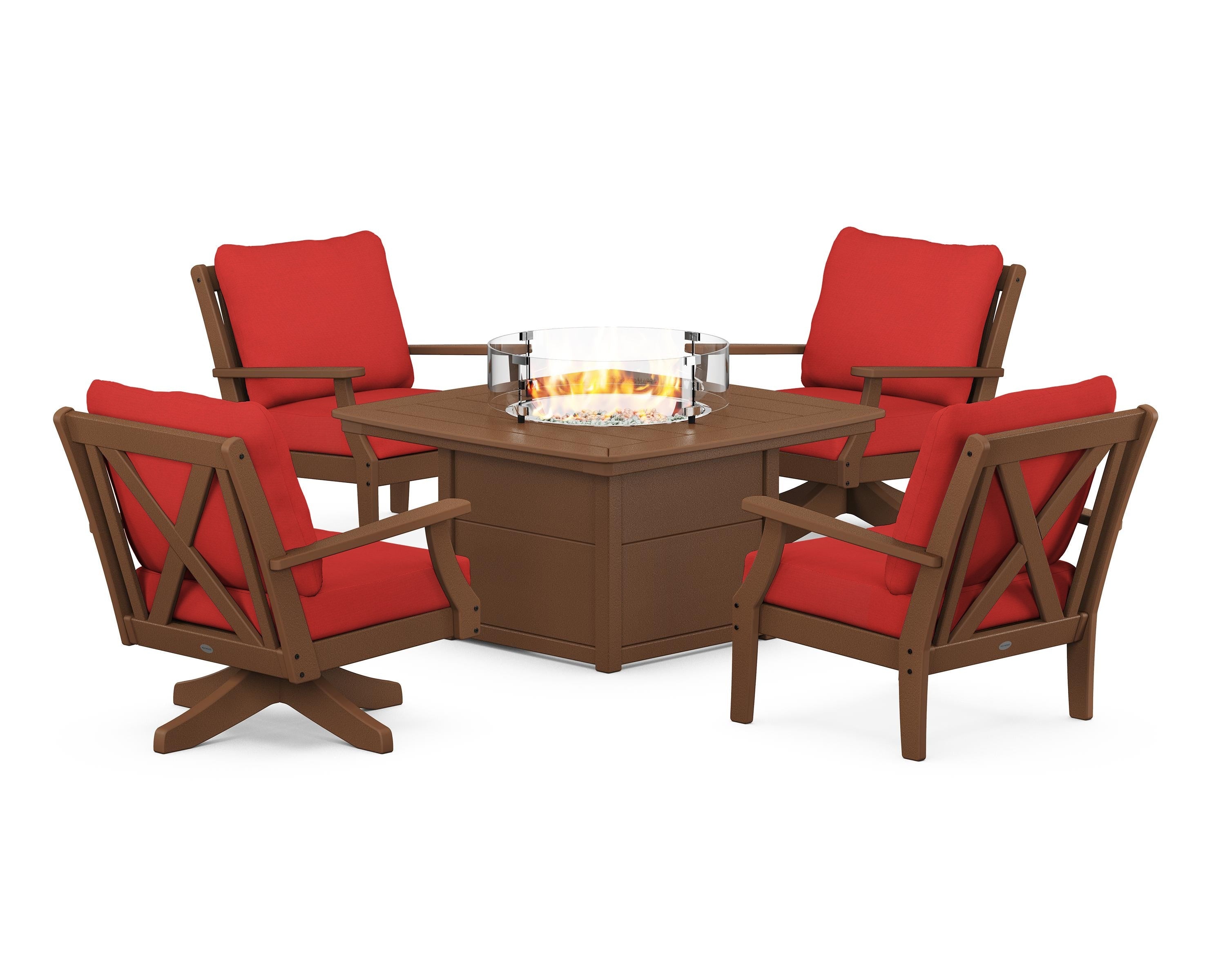 POLYWOOD® Braxton 5-Piece Deep Seating Set with Fire Table in Teak / Crimson Linen