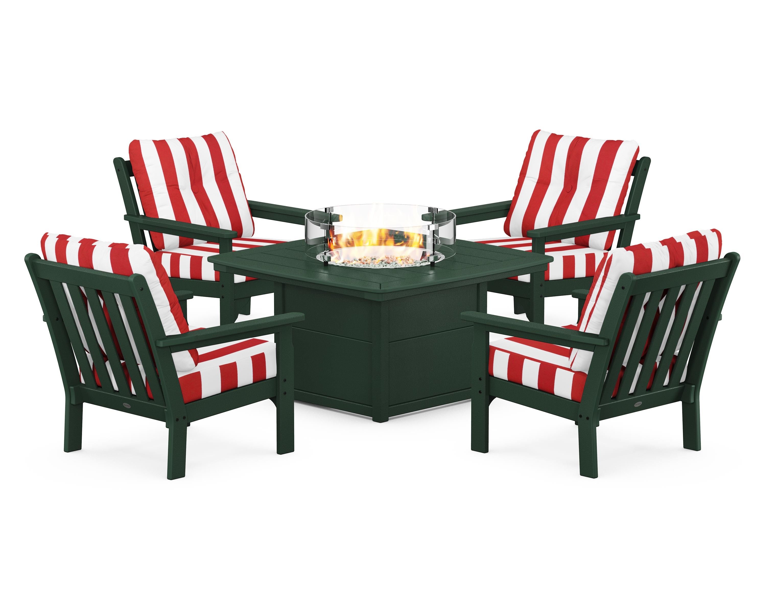 POLYWOOD® Vineyard 5-Piece Conversation Set with Fire Pit Table in Green / Cabana Stripe Crimson